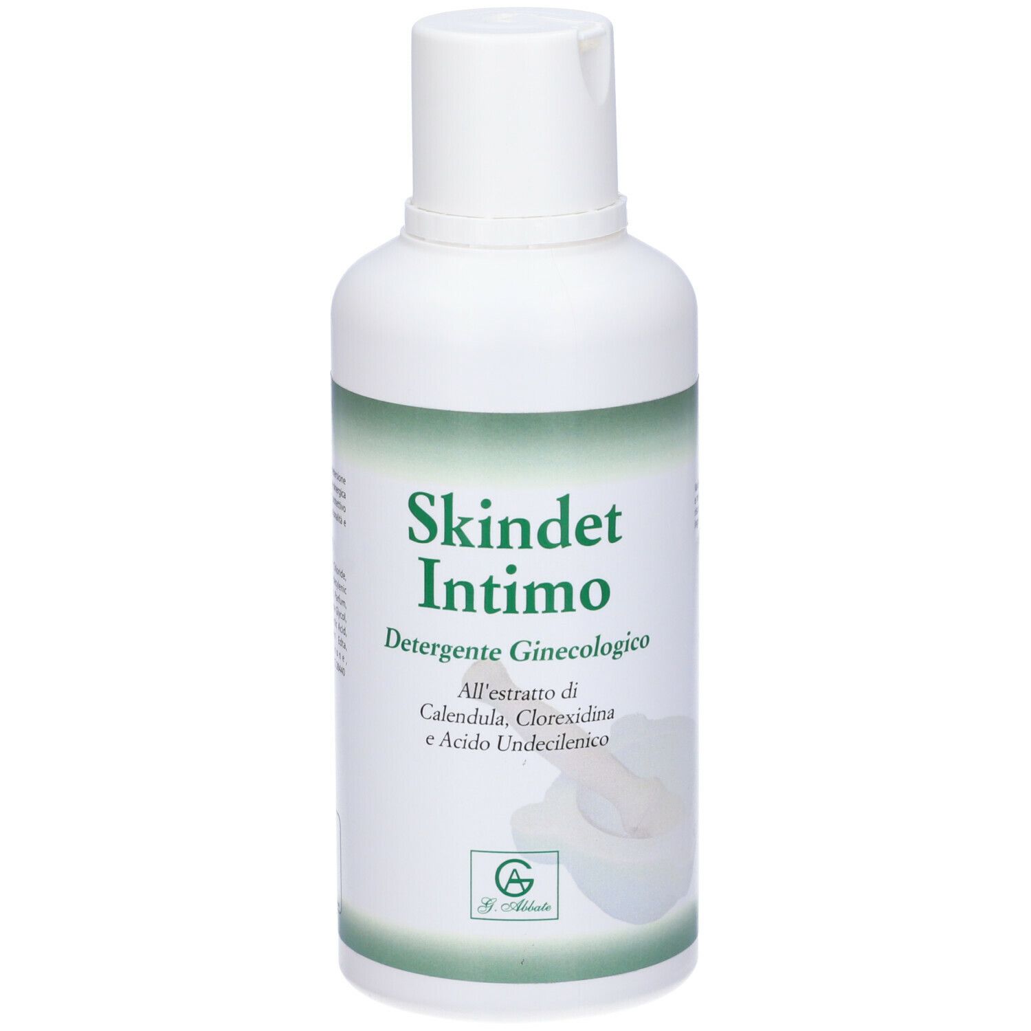 Flacone bianco con etichetta verde. Scritto: Skindet Intimo, Detergente Ginecologico. Contiene Calendula, Clorexidina e Acido Undecilenico.