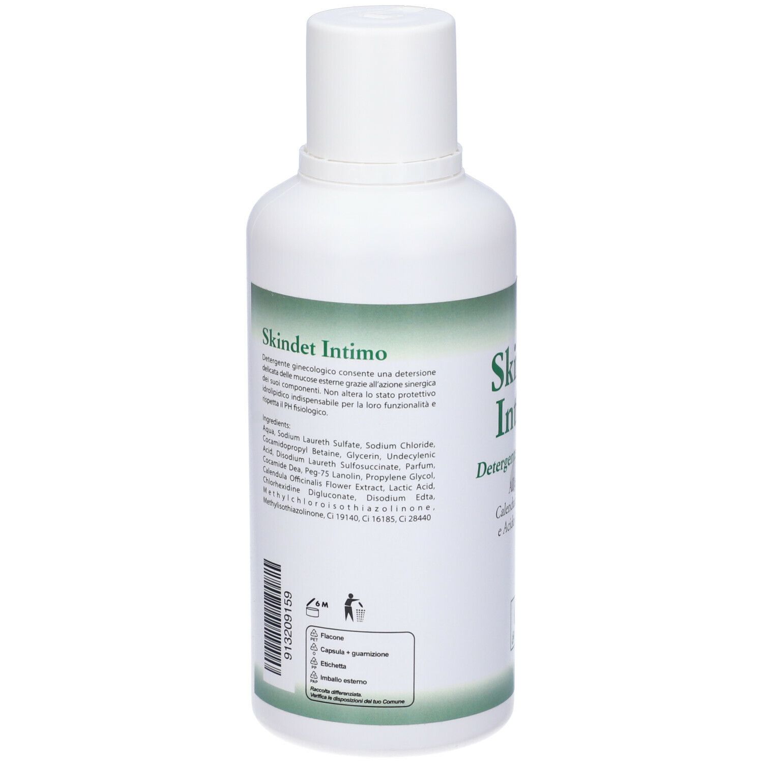 Retro di un flacone bianco con etichetta verde. Testo: ingredienti, informazioni sull'uso. Simbolo di riciclaggio.
