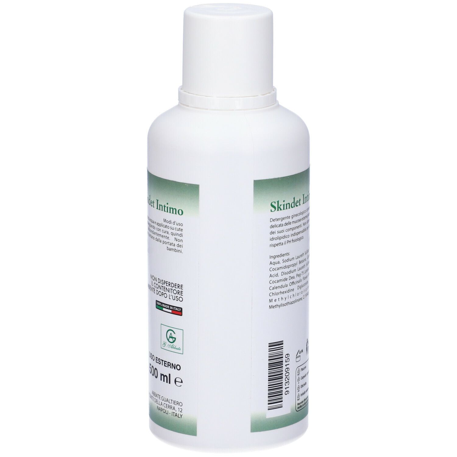Flacone bianco con etichetta verde. Testo: Skindet Intimo, Detergente Ginecologico. Contiene 500 ml. Prodotto in Italia.