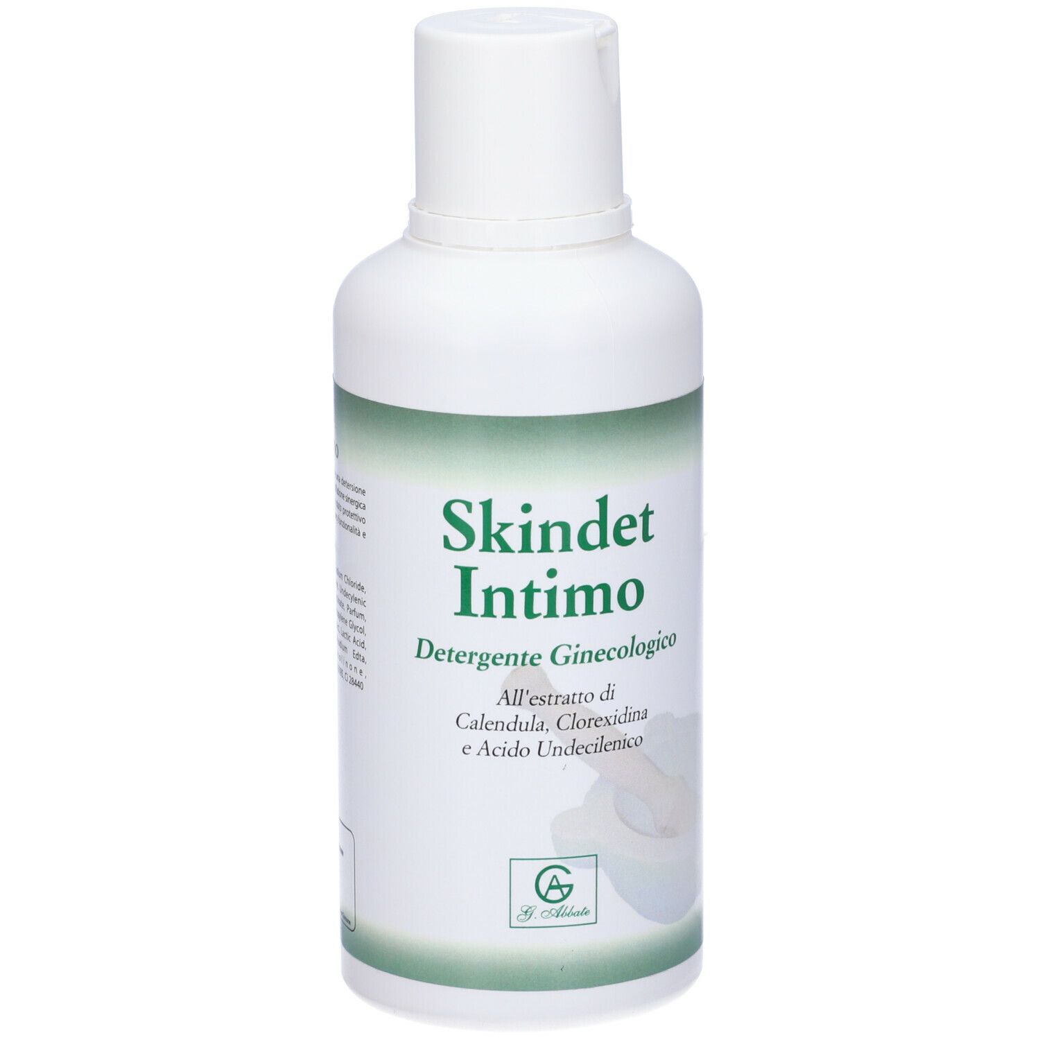 Flacone bianco con etichetta verde. Scritto: Skindet Intimo, Detergente Ginecologico. Contiene Calendula, Clorexidina e Acido Undecilenico.