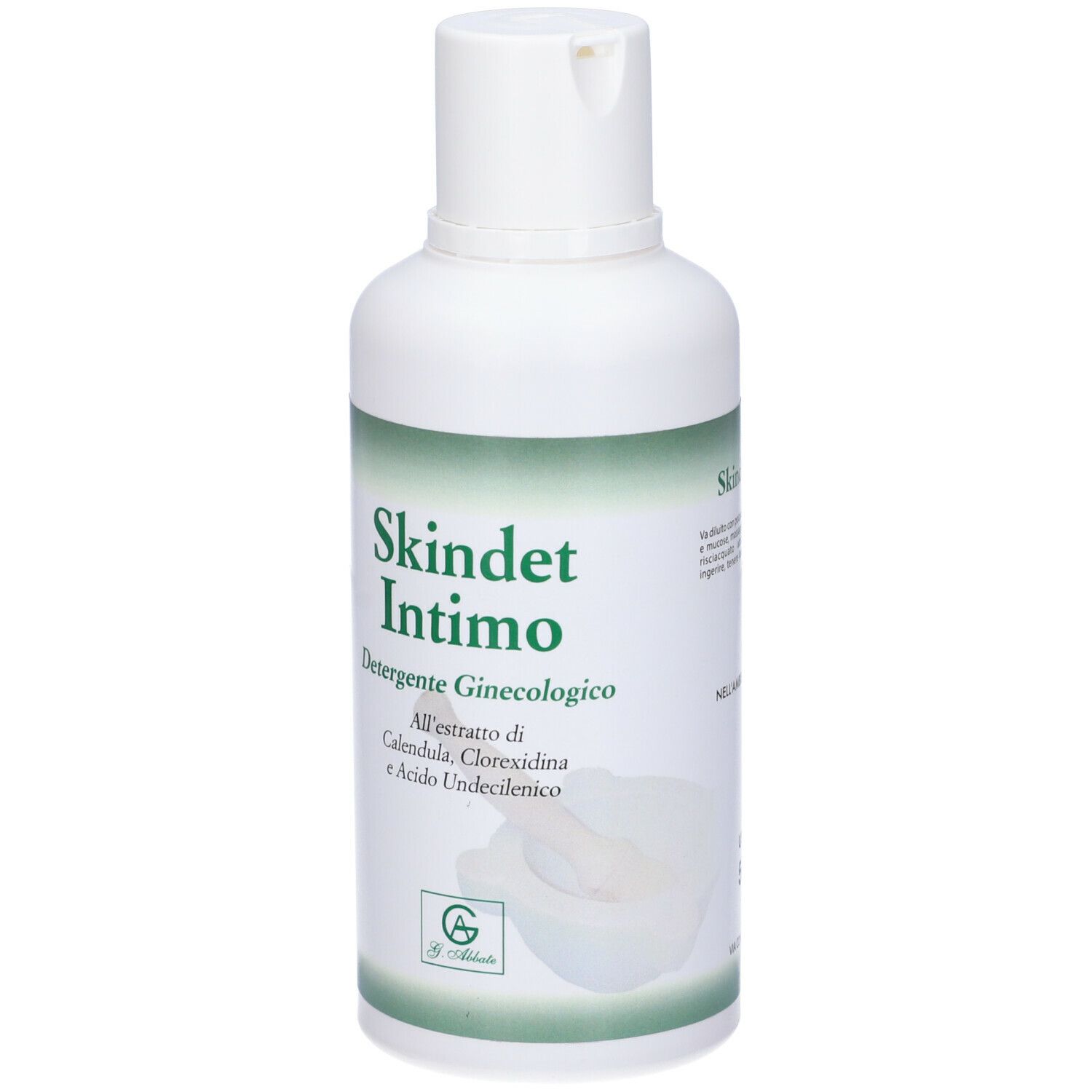 Flacone bianco con etichetta verde. Scritto: Skindet Intimo, Detergente Ginecologico. Contiene Calendula, Clorexidina e Acido Undecilenico.