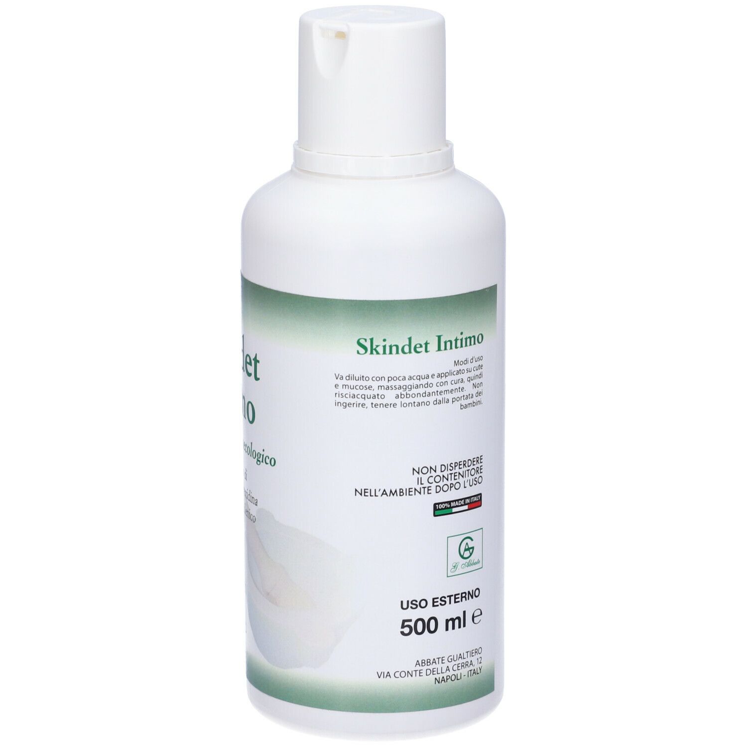 Flacone bianco con etichetta verde. Scritto: Skindet Intimo, Detergente Ginecologico. Contiene 500 ml. Solo per uso esterno.