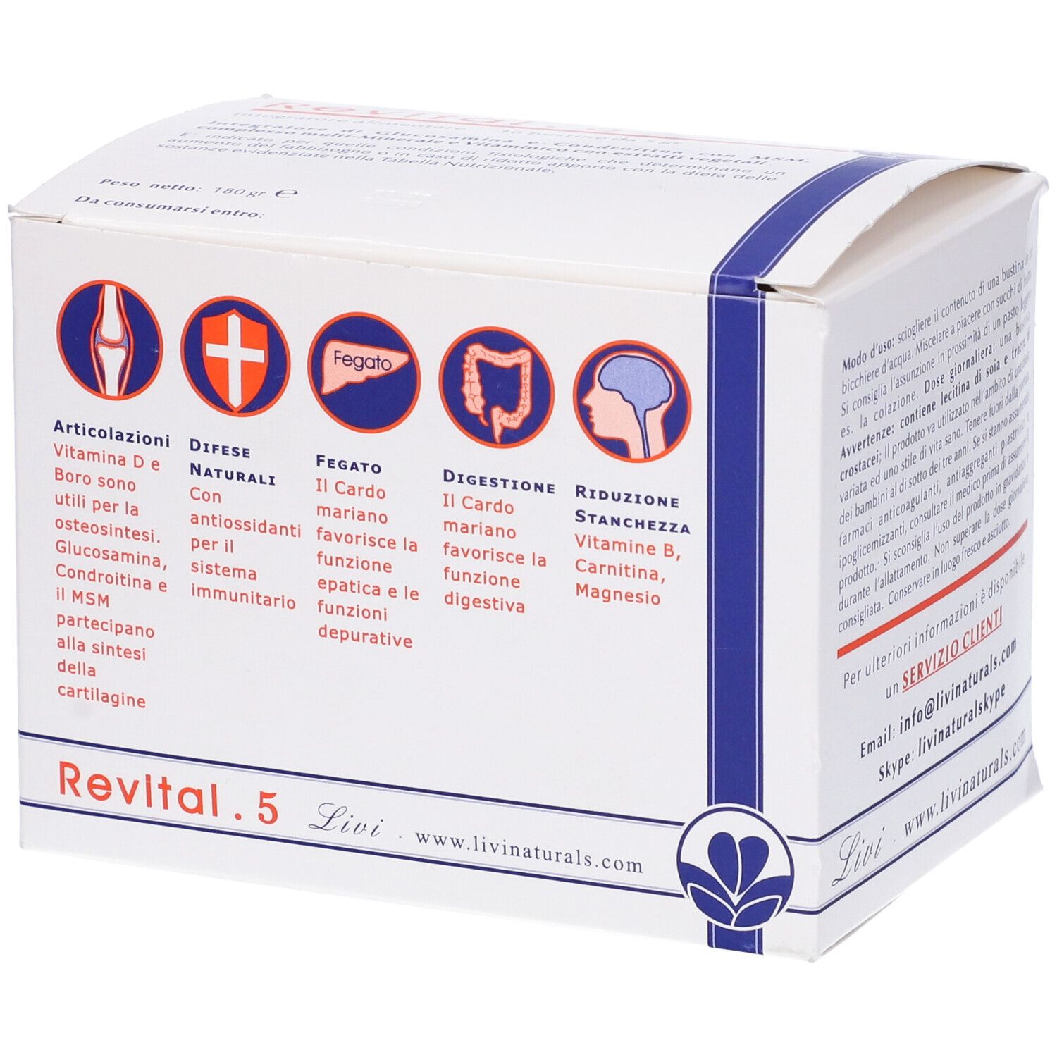 Confezione Revital.5. Retro con illustrazioni e testo in italiano.