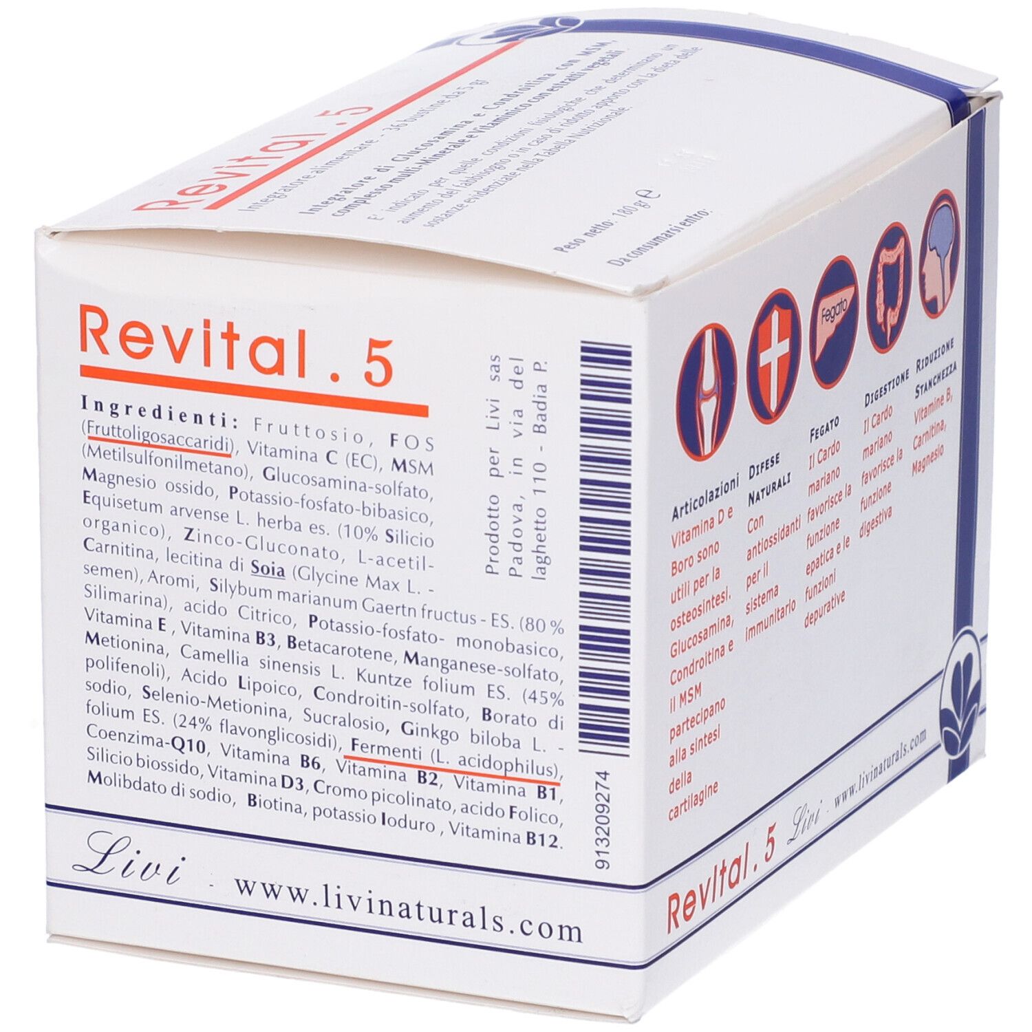 Confezione Revital.5. Vista laterale con elenco ingredienti in italiano.