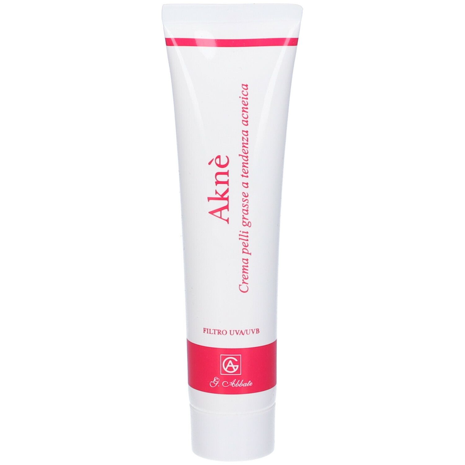 Tubo bianco con fascia rossa. Scritta "Aknè" e "Crema pelli grasse a tendenza acneica". Logo in basso a destra.