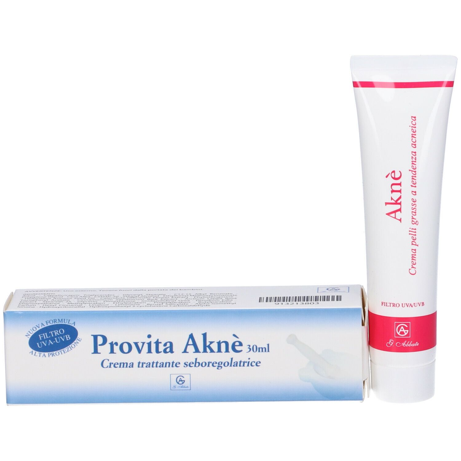 Confezione e tubo del prodotto. Confezione: blu e bianca, scritta "Provita Aknè". Tubo: bianco con fascia rossa, scritta "Aknè".