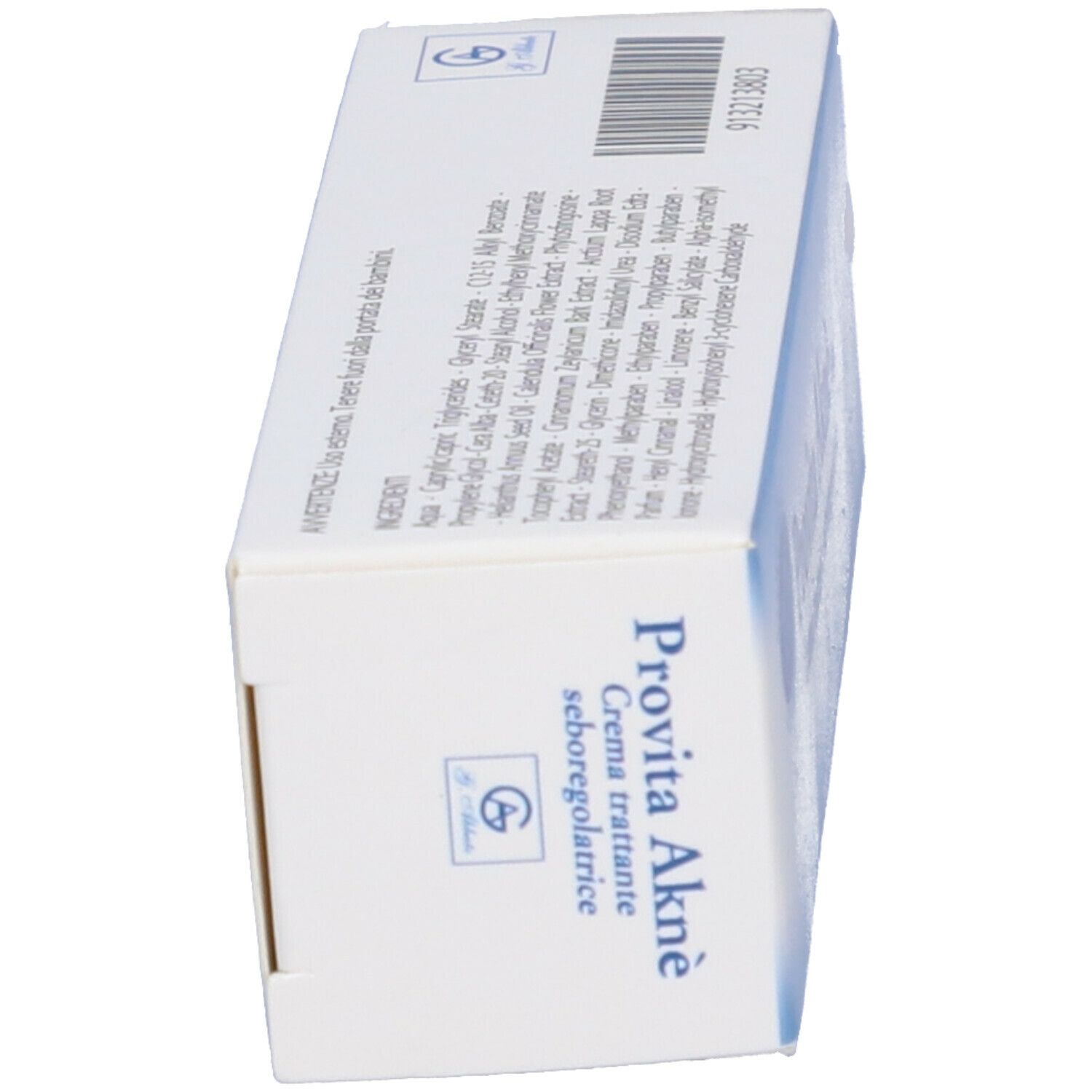 Confezione del prodotto, vista laterale. Scritta "Provita Aknè" e "Crema trattante seboregolatrice".