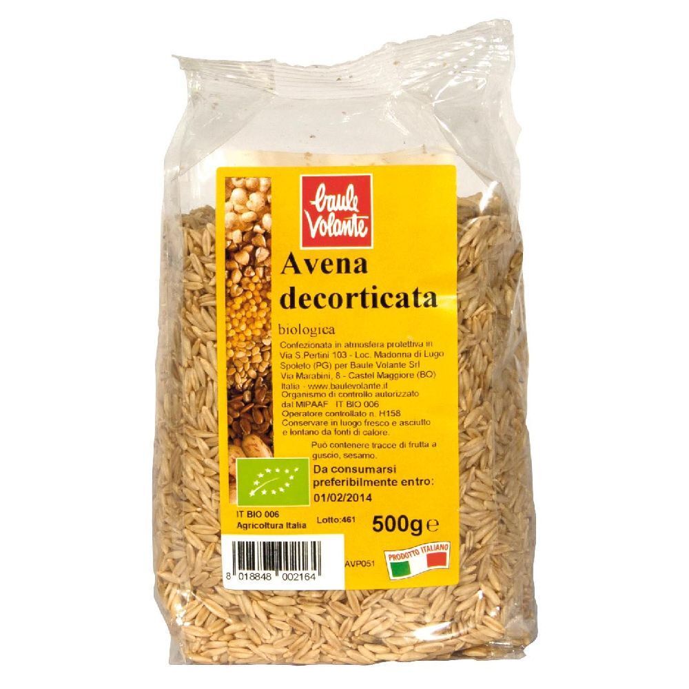 Confezione trasparente di Avena decorticata. Etichetta gialla con nome prodotto, logo e certificazione bio. 500g.
