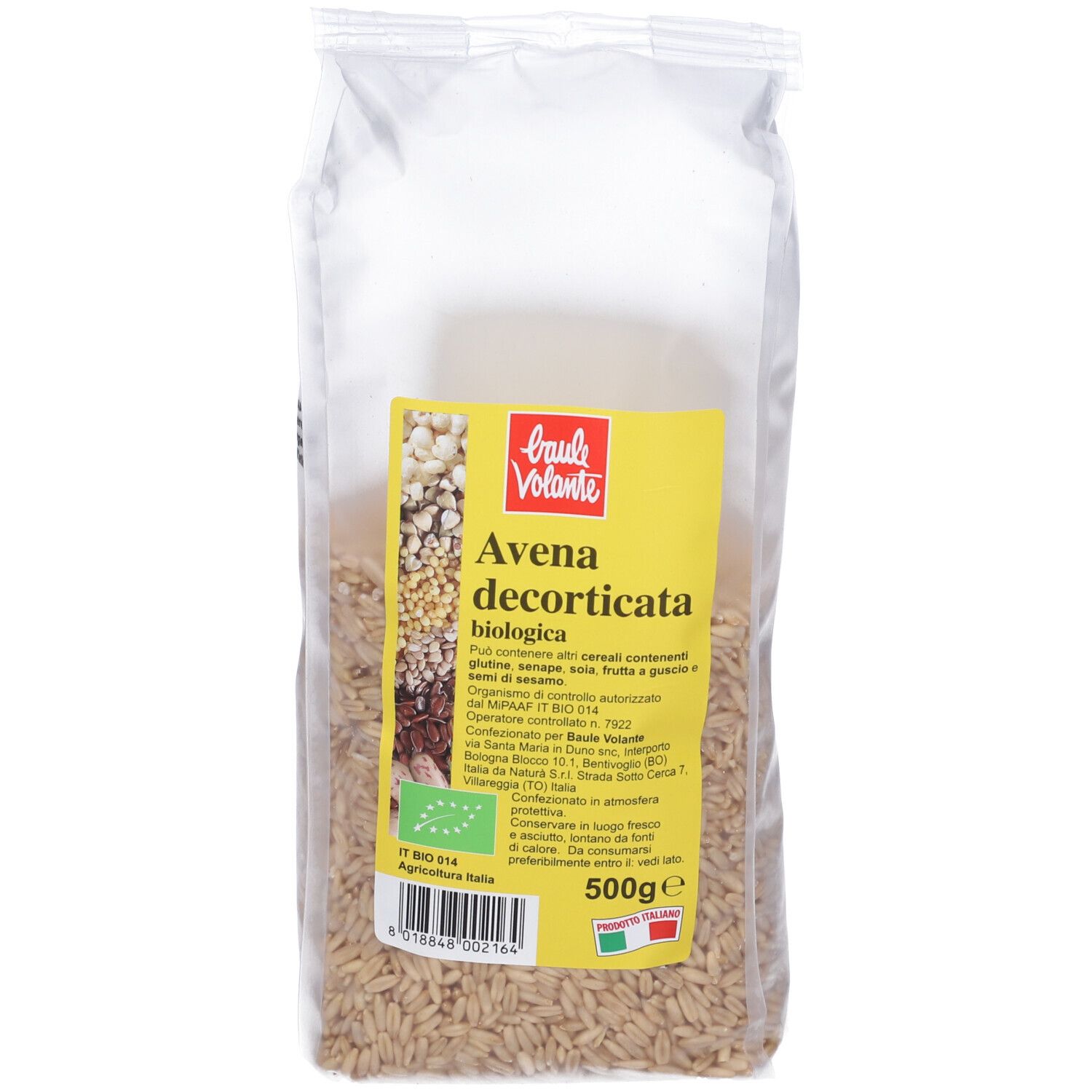 Confezione di Avena decorticata. Etichetta gialla con nome, logo e certificazione bio. 500g. Bandiera italiana.