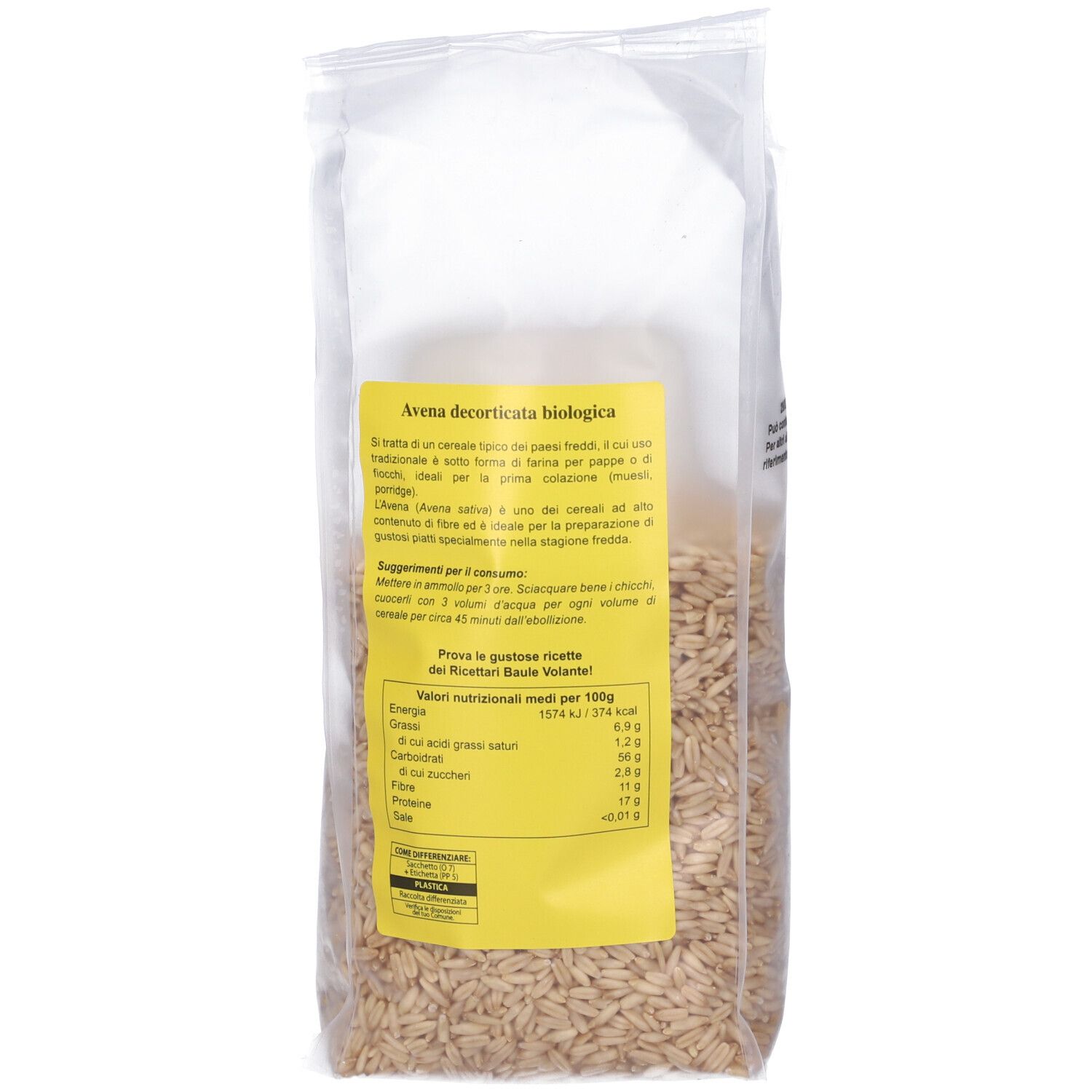 Retro confezione Avena decorticata. Etichetta gialla con informazioni e valori nutrizionali. Testo in italiano.
