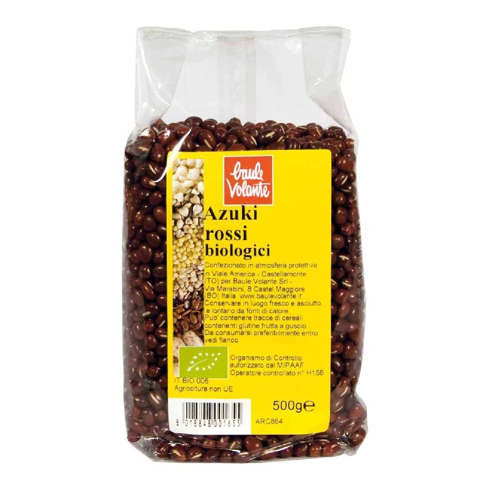 Confezione trasparente di Azuki Rossi biologici. Etichetta gialla con testo e logo. Indicazione 500g.
