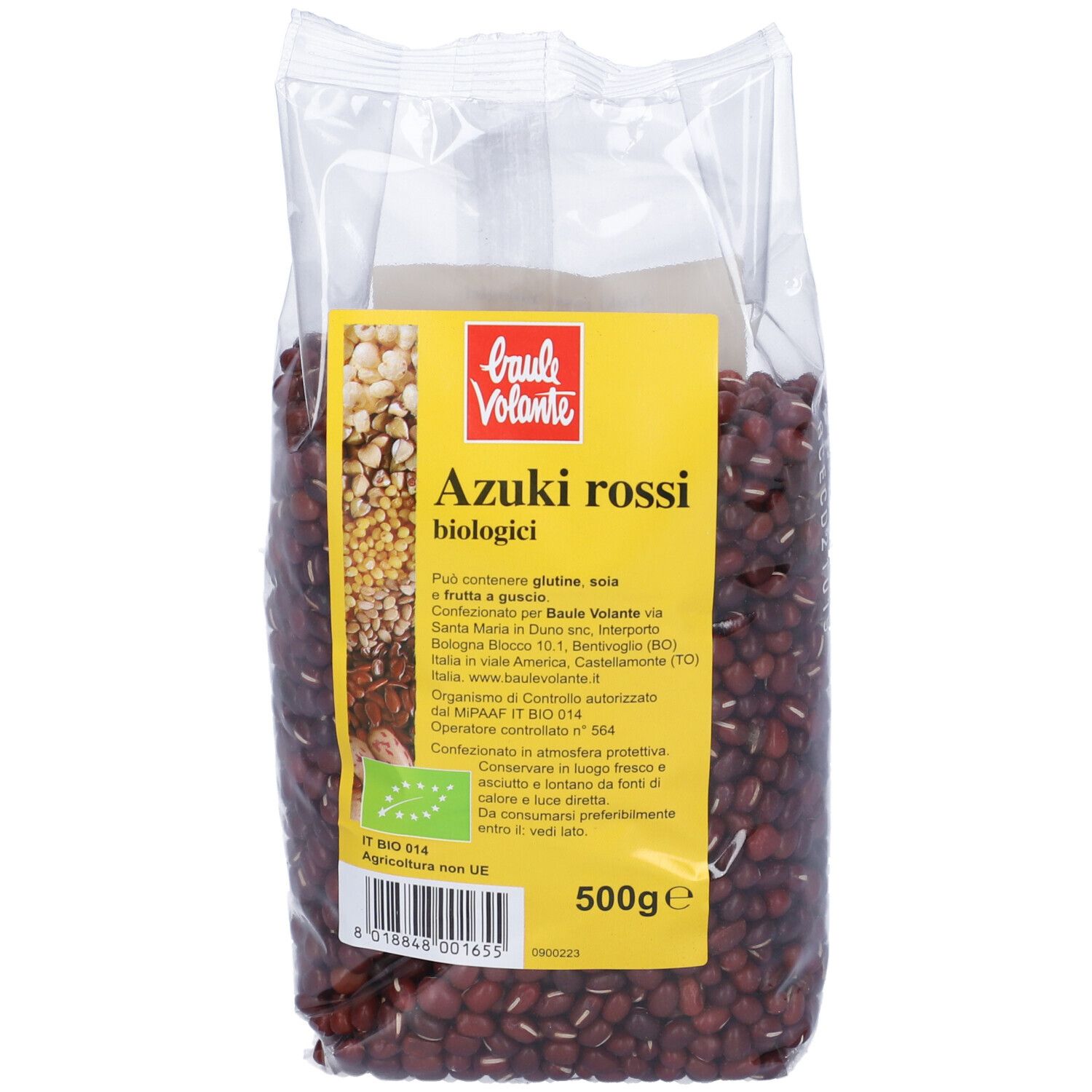 Confezione trasparente di Azuki Rossi biologici. Etichetta gialla con testo e logo. Indicazione 500g.