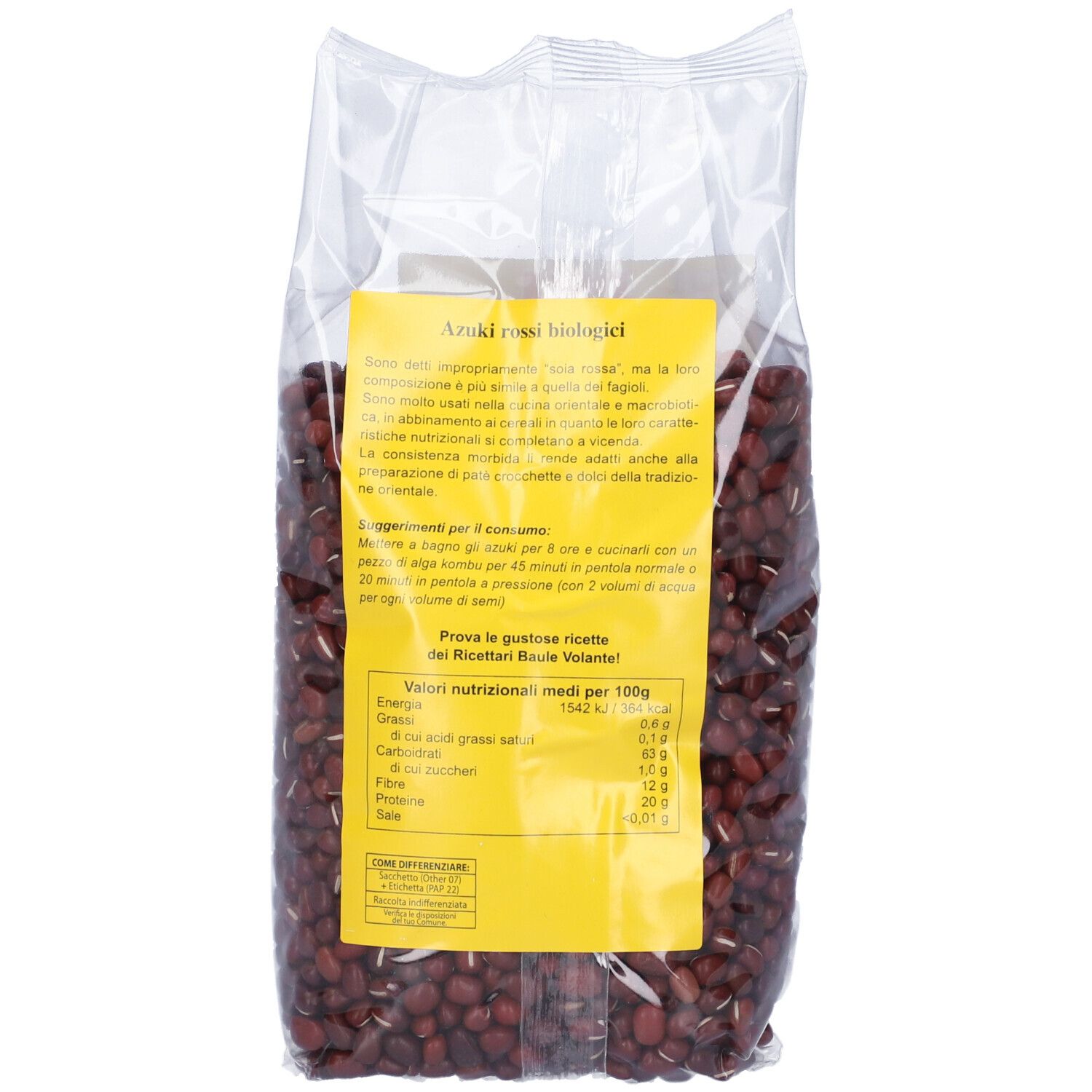 Retro della confezione trasparente di Azuki Rossi biologici. Etichetta gialla con testo e valori nutrizionali.