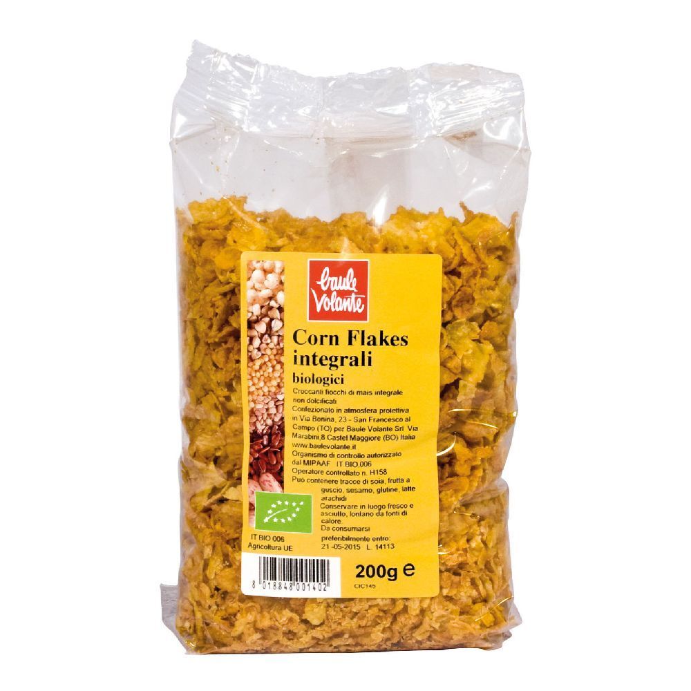 Confezione trasparente di Corn Flakes. Etichetta gialla con testo: Corn Flakes integrali biologici. 200g. Certificazione bio.
