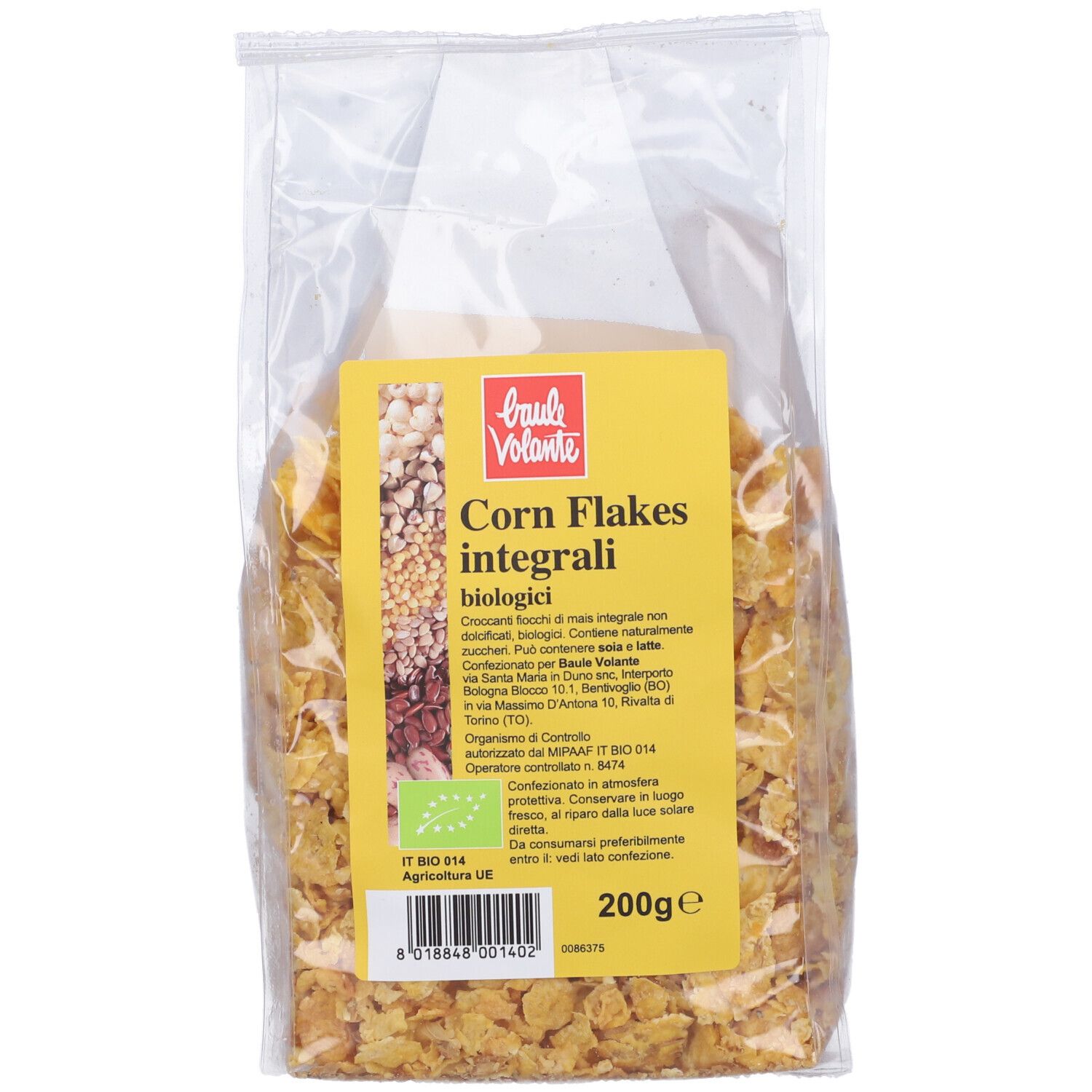 Confezione trasparente di Corn Flakes. Etichetta gialla con testo: Corn Flakes integrali biologici. 200g. Certificazione bio.