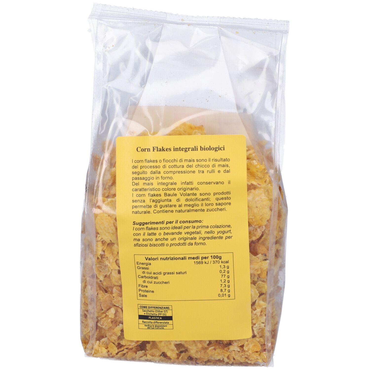 Retro di confezione trasparente di Corn Flakes. Etichetta gialla con testo e valori nutrizionali. Certificazione bio.