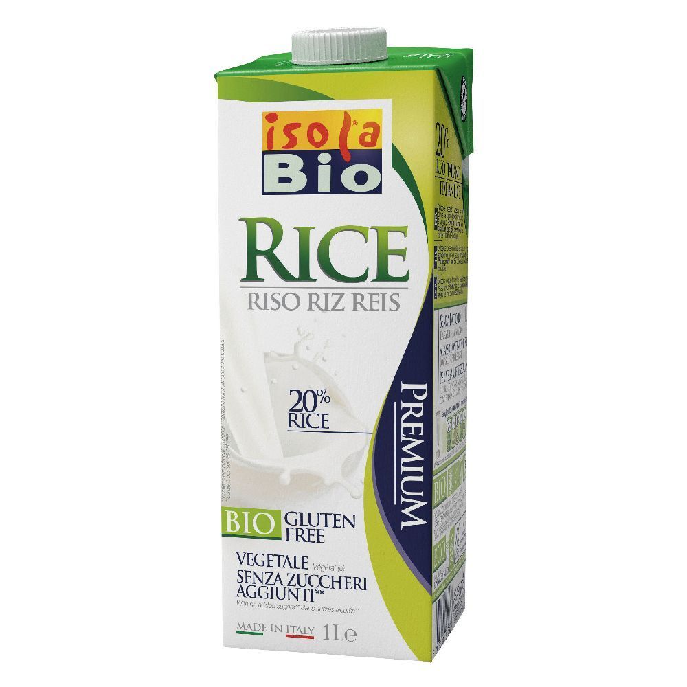 Confezione di bevanda di riso Isola Bio. Scritta: Rice, 20% riso, senza glutine, senza zuccheri aggiunti. Confezione verde e bianca.