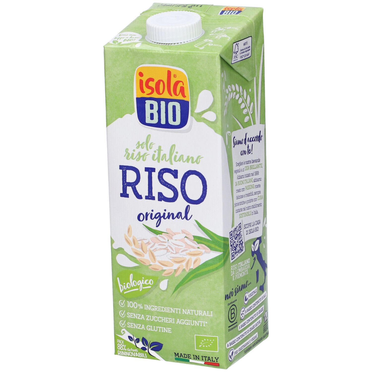 Confezione di bevanda di riso Isola Bio. Scritta: Riso Original, biologico, 100% ingredienti naturali, senza zuccheri aggiunti, senza glutine.