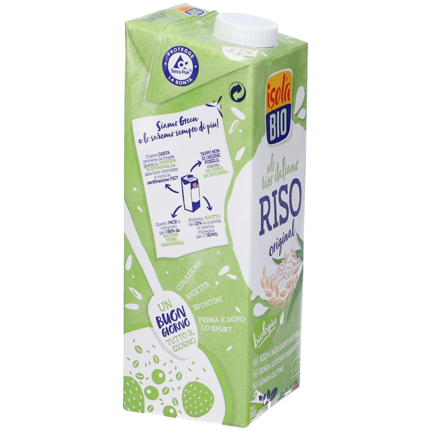 Confezione di bevanda di riso Isola Bio. Scritta: Riso Original, biologico. Retro con informazioni nutrizionali e lista ingredienti.