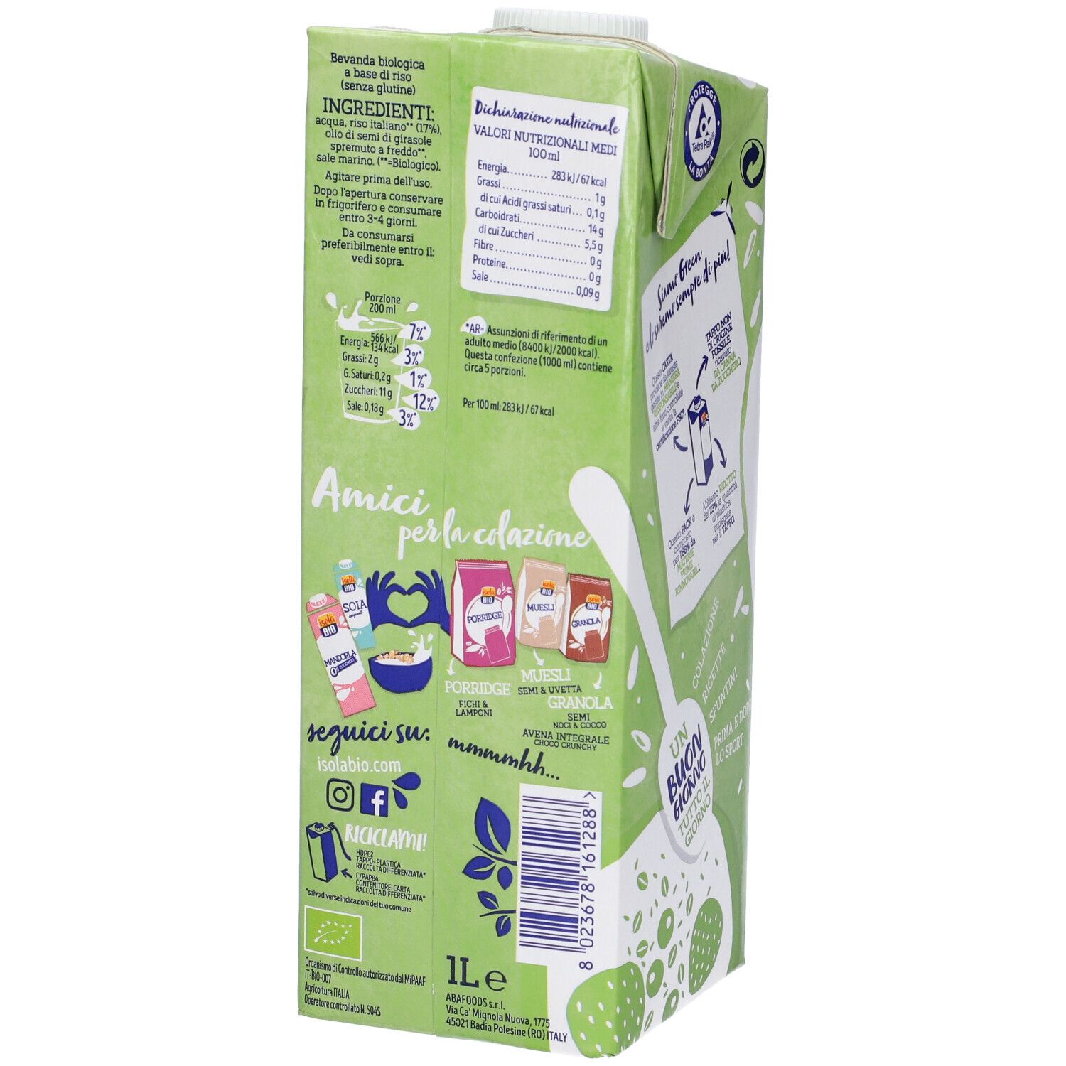 Retro di una confezione di bevanda di riso Isola Bio. Contiene informazioni nutrizionali, lista ingredienti e codice QR.