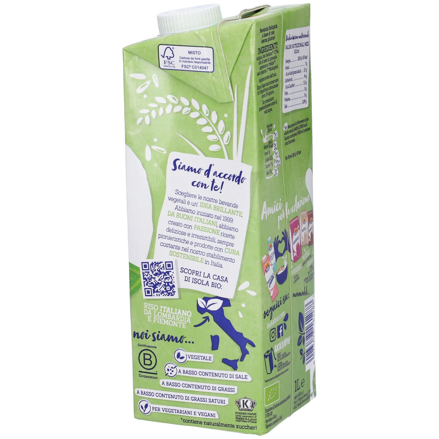 Confezione di bevanda di riso Isola Bio. Scritta: Riso Original, biologico. Contiene codice QR e informazioni sul marchio.
