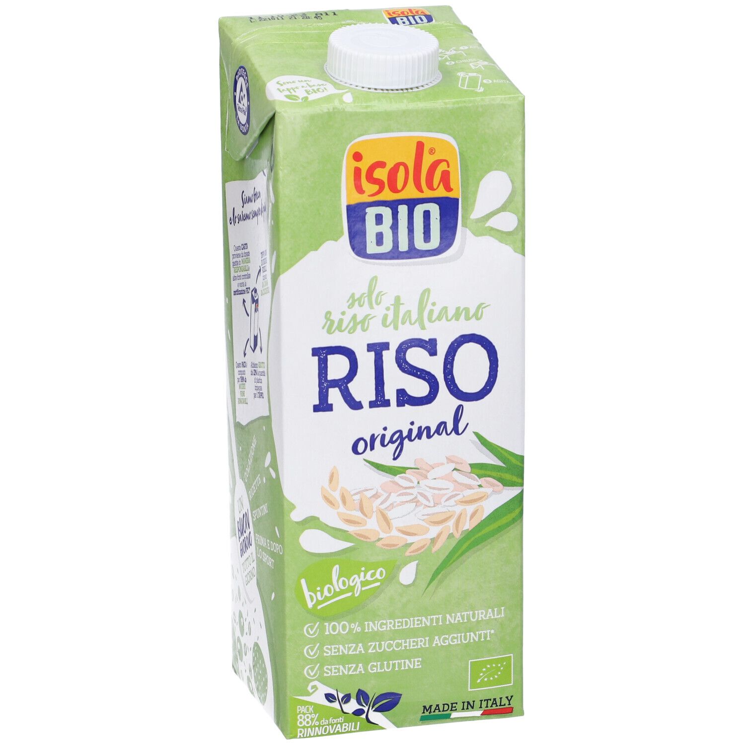 Confezione di bevanda di riso Isola Bio. Scritta: Riso Original, biologico, 100% ingredienti naturali, senza zuccheri aggiunti, senza glutine.