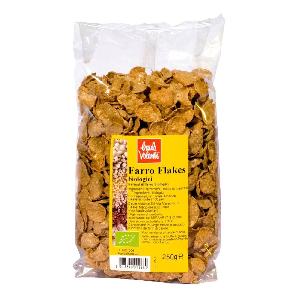 Confezione trasparente di Farro Flakes. Etichetta gialla con nome prodotto, marchio bio e indicazione 250g.
