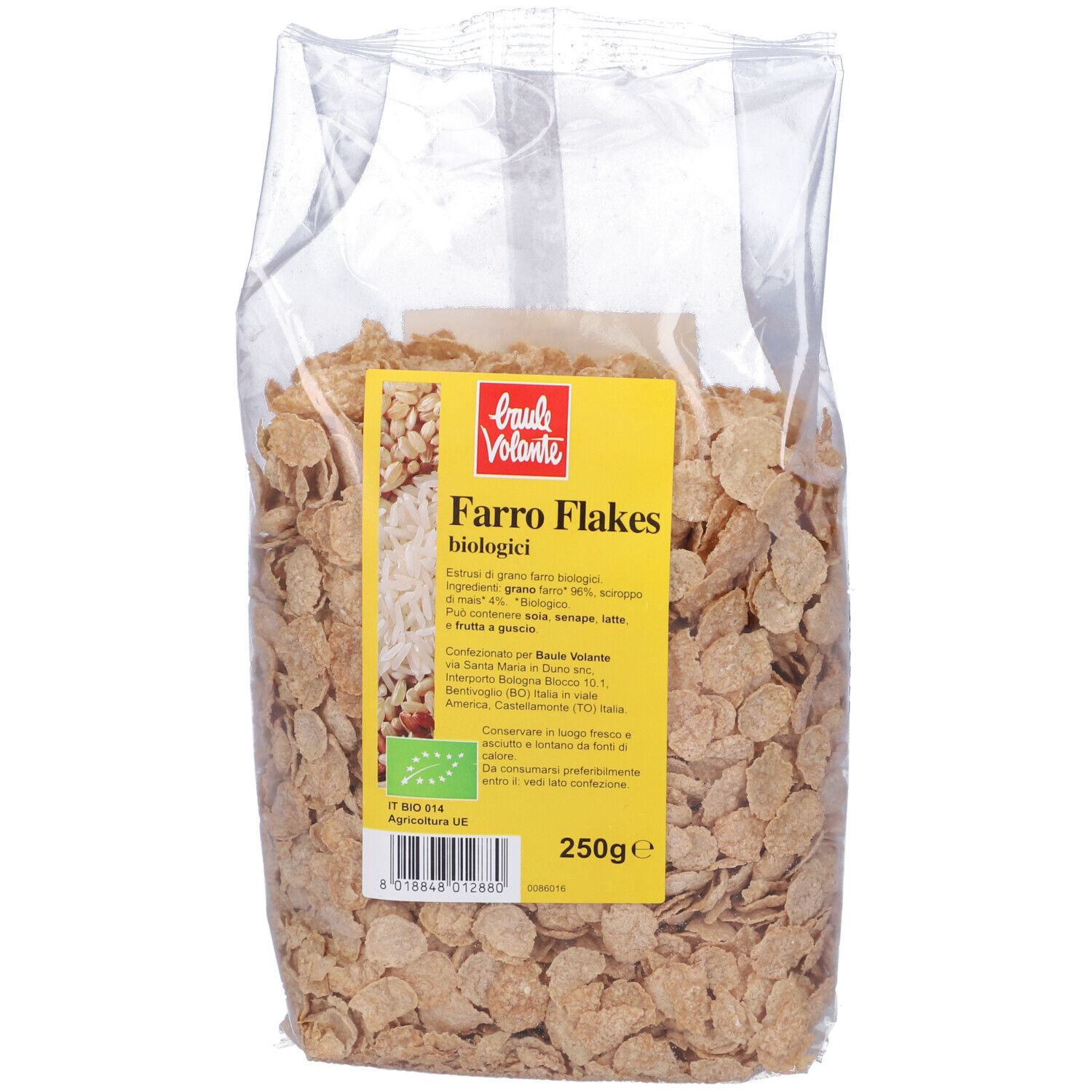 Confezione trasparente di Farro Flakes. Etichetta gialla con nome prodotto, marchio bio e indicazione 250g.