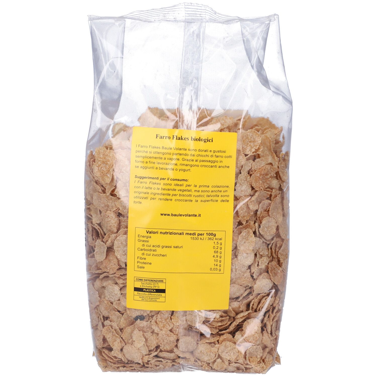 Retro di una confezione trasparente di Farro Flakes. Etichetta gialla con informazioni nutrizionali e prodotto.
