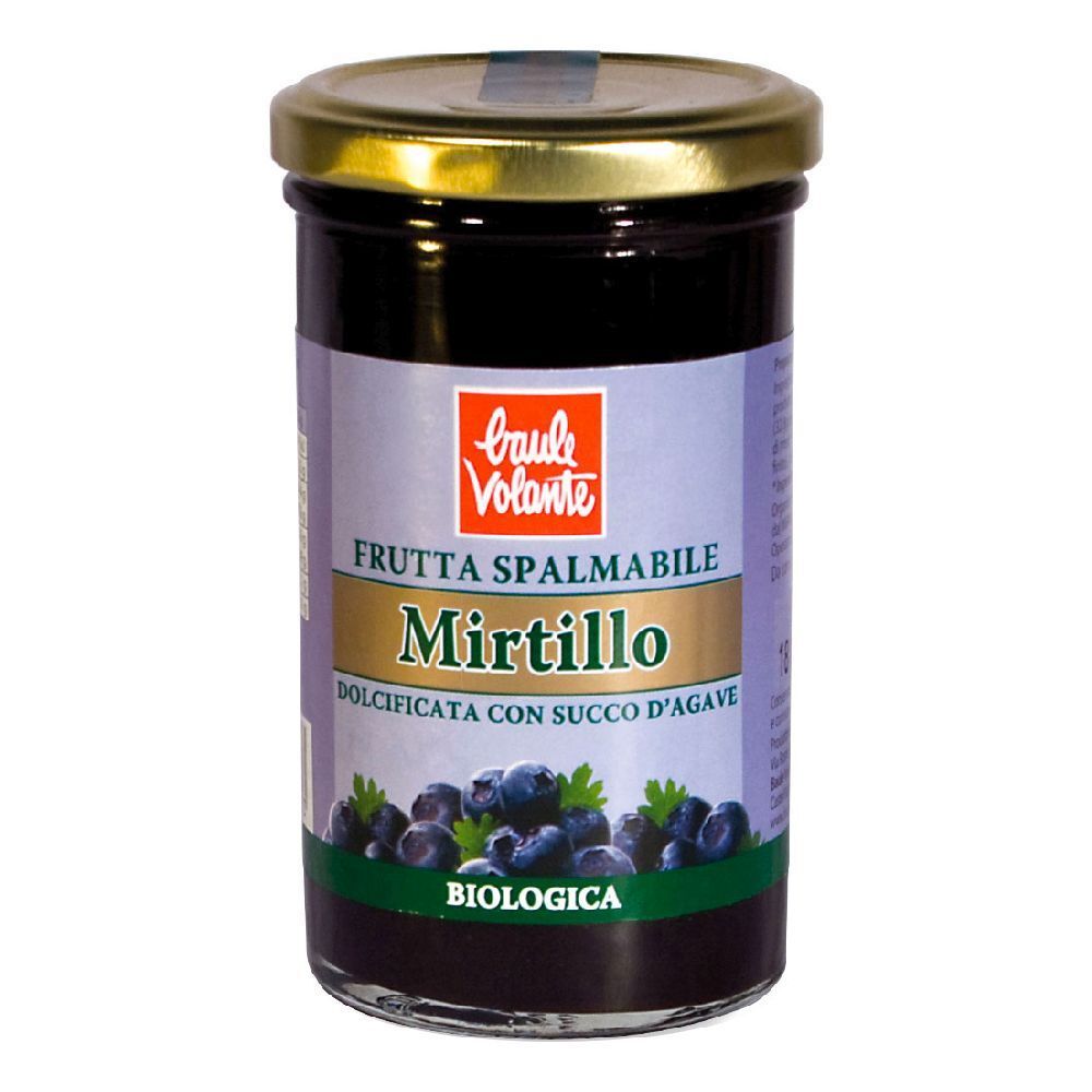 Vasetto di confettura di mirtilli. Etichetta con nome e marchio. Coperchio dorato.