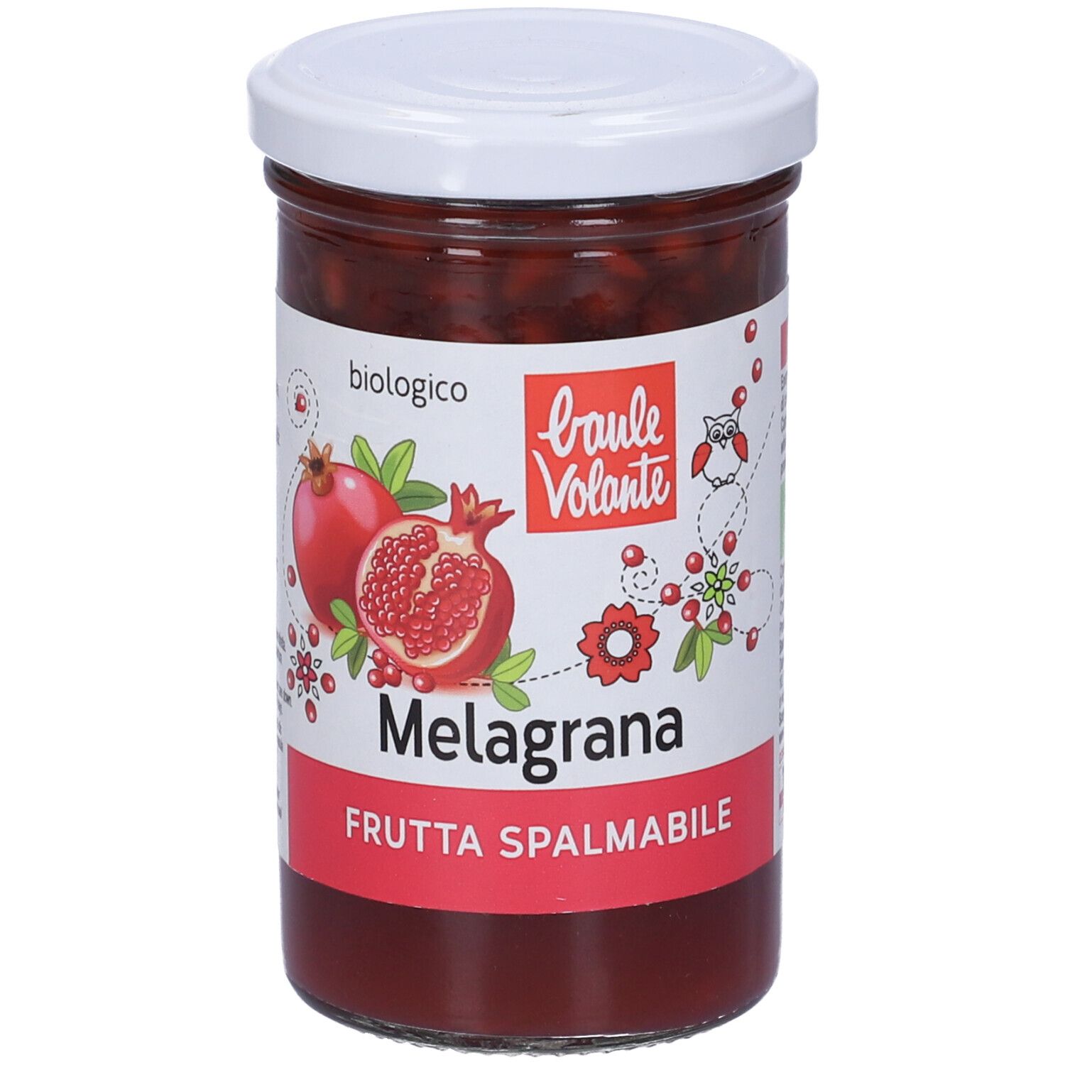 Vasetto di confettura di melograno. Etichetta con nome e marchio. Coperchio bianco.