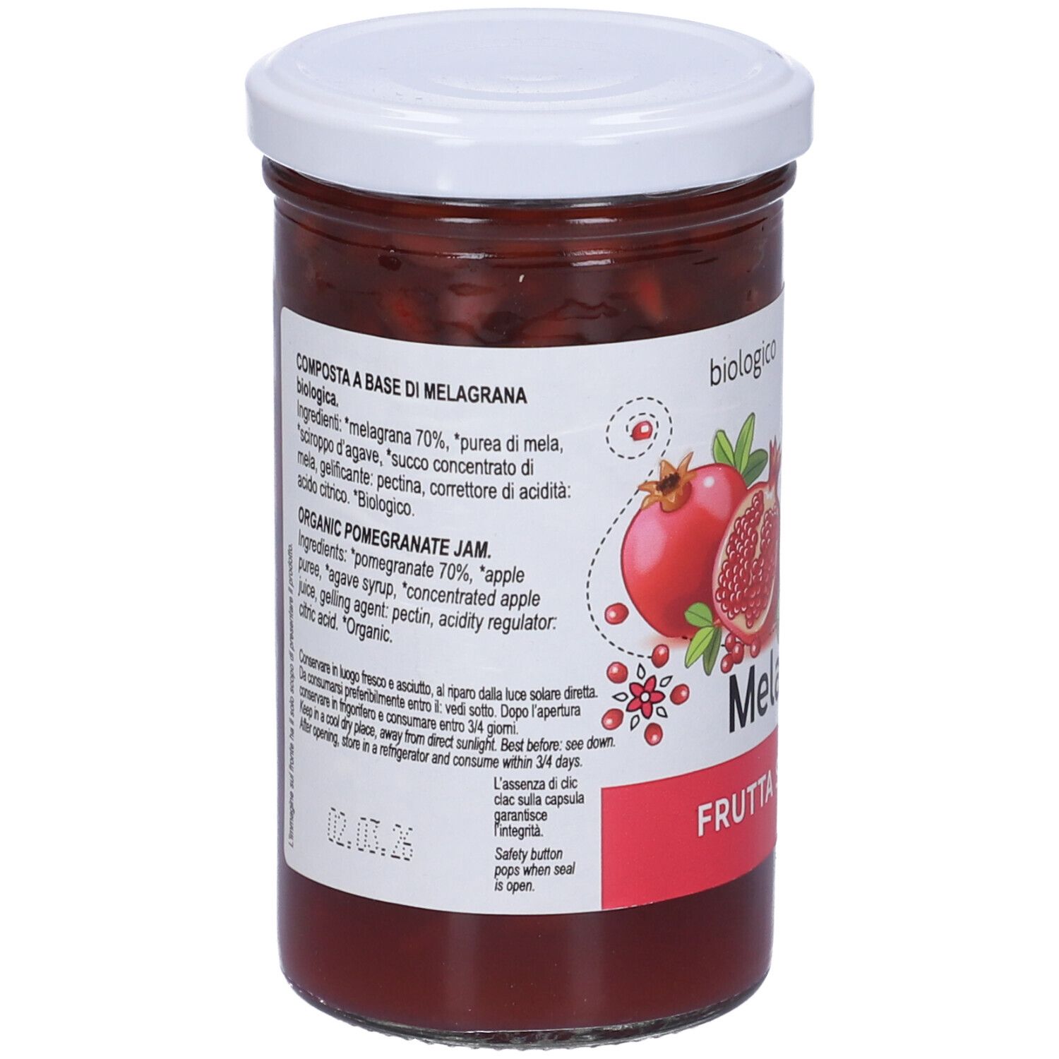 Vasetto di confettura di melograno. Retro con elenco ingredienti e scadenza. Coperchio bianco.
