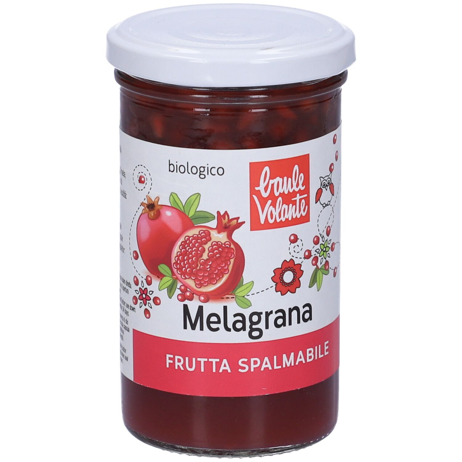 Vasetto di confettura di melograno. Etichetta con nome e marchio. Coperchio bianco.