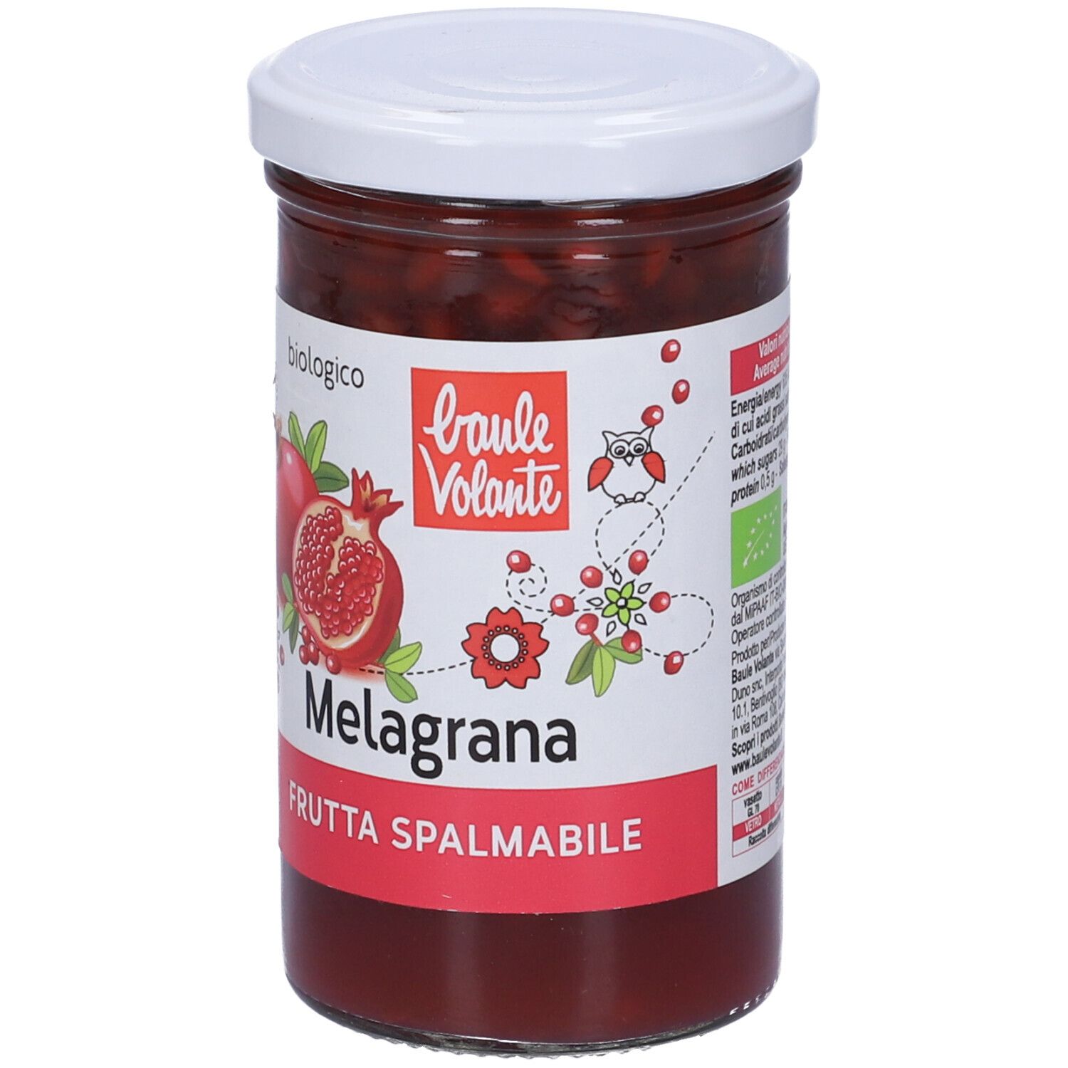 Vasetto di confettura di melograno. Etichetta con nome, marchio e illustrazione. Coperchio bianco.