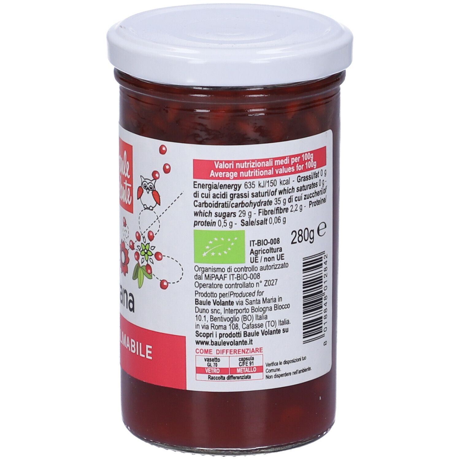 Vasetto di confettura di melograno. Retro con valori nutrizionali e certificazione. Coperchio bianco.