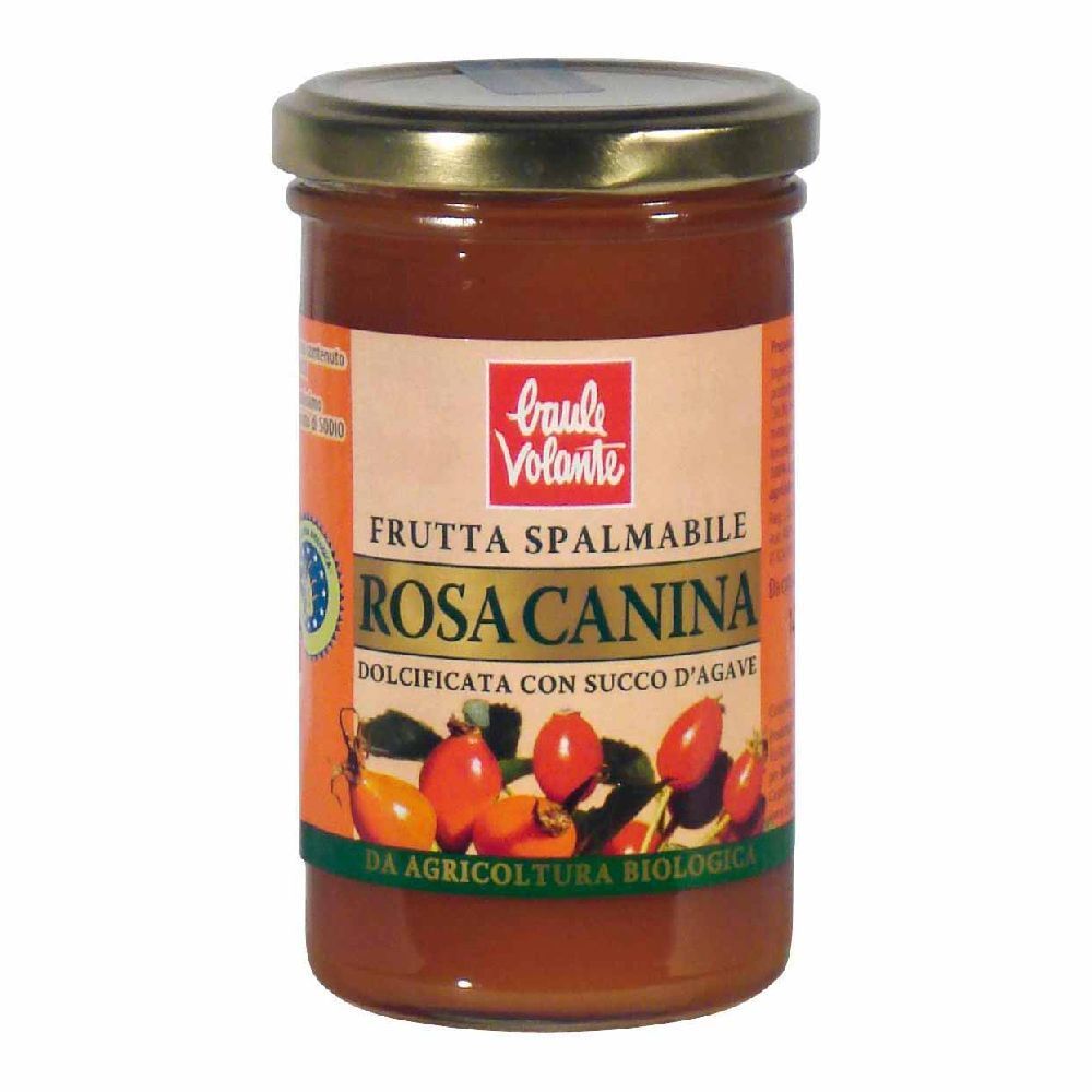 Vasetto di 'Frutta Spalmabile Rosa Canina'. Etichetta con illustrazione del prodotto e logo.