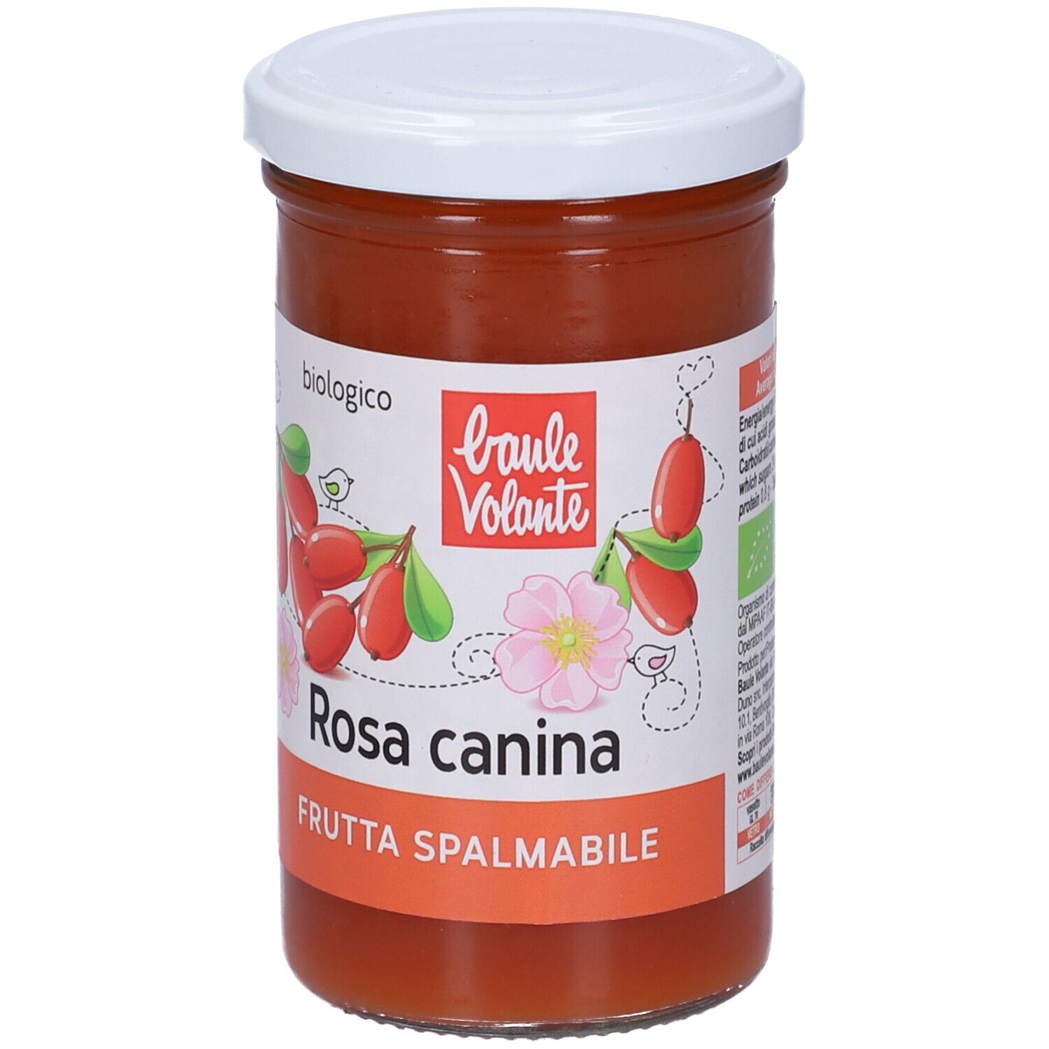 Vasetto con coperchio bianco. Etichetta con 'Rosa canina' e nome del prodotto. Sigillo bio.