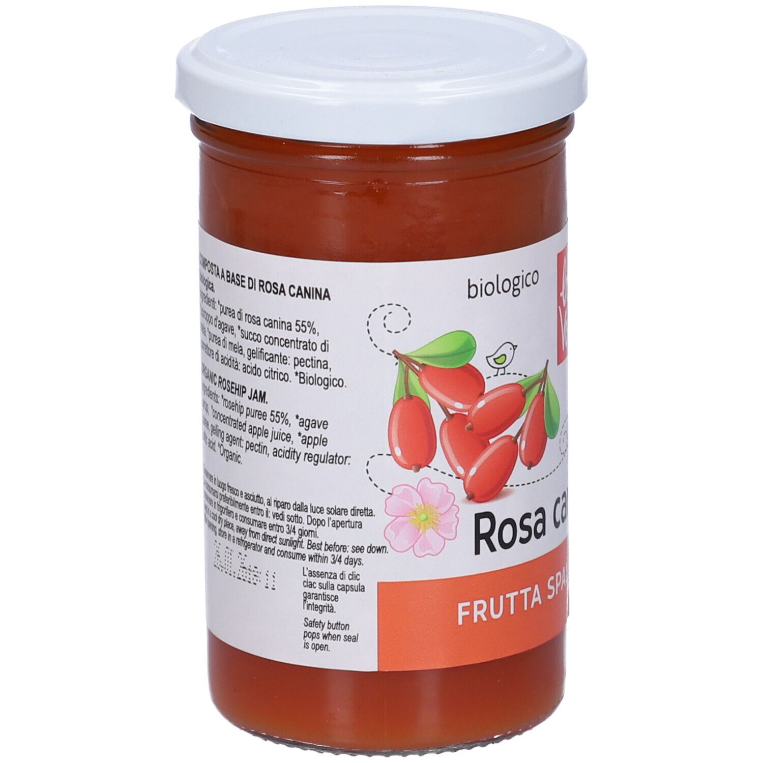 Vasetto con coperchio bianco. Etichetta con elenco ingredienti e 'Rosa canina'. Sigillo bio.