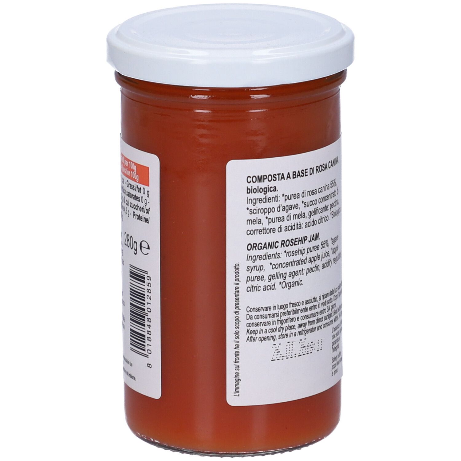 Vasetto con coperchio bianco. Retro con informazioni nutrizionali e 'Rosa canina'.
