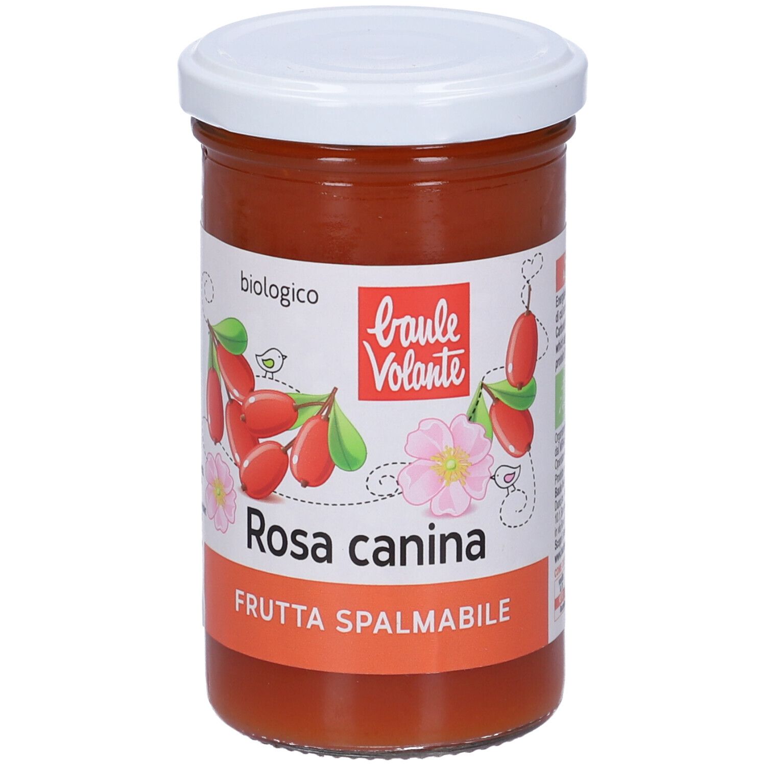 Vasetto con coperchio bianco. Etichetta con 'Rosa canina' e sigillo bio.