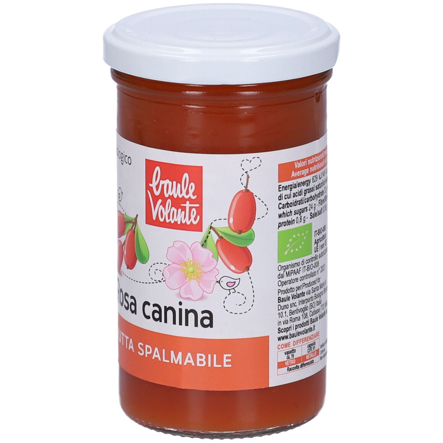 Vasetto con coperchio bianco. Etichetta con 'Rosa canina', sigillo bio e informazioni nutrizionali.