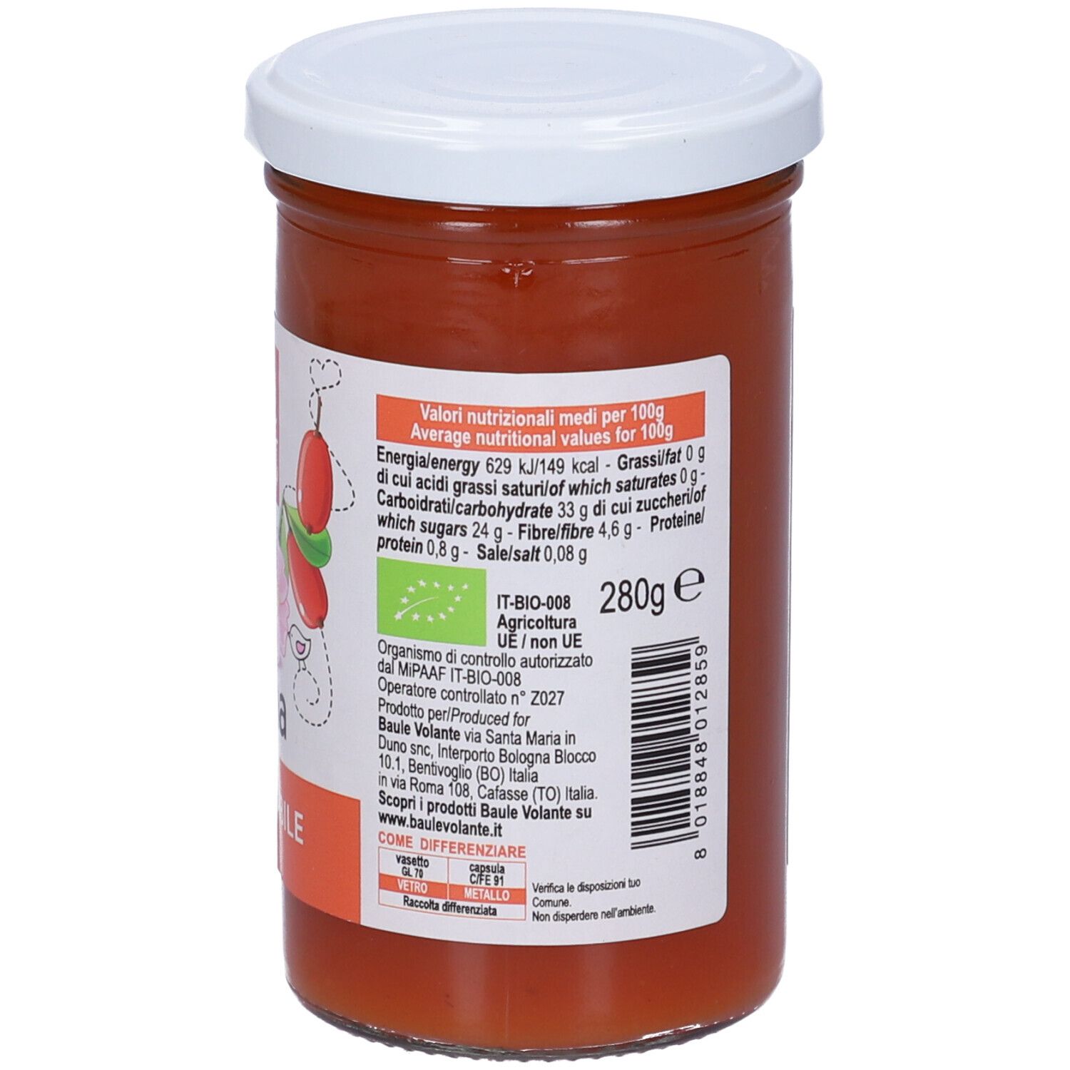 Vasetto con coperchio bianco. Retro con informazioni nutrizionali, sigillo bio e 'Rosa canina'.