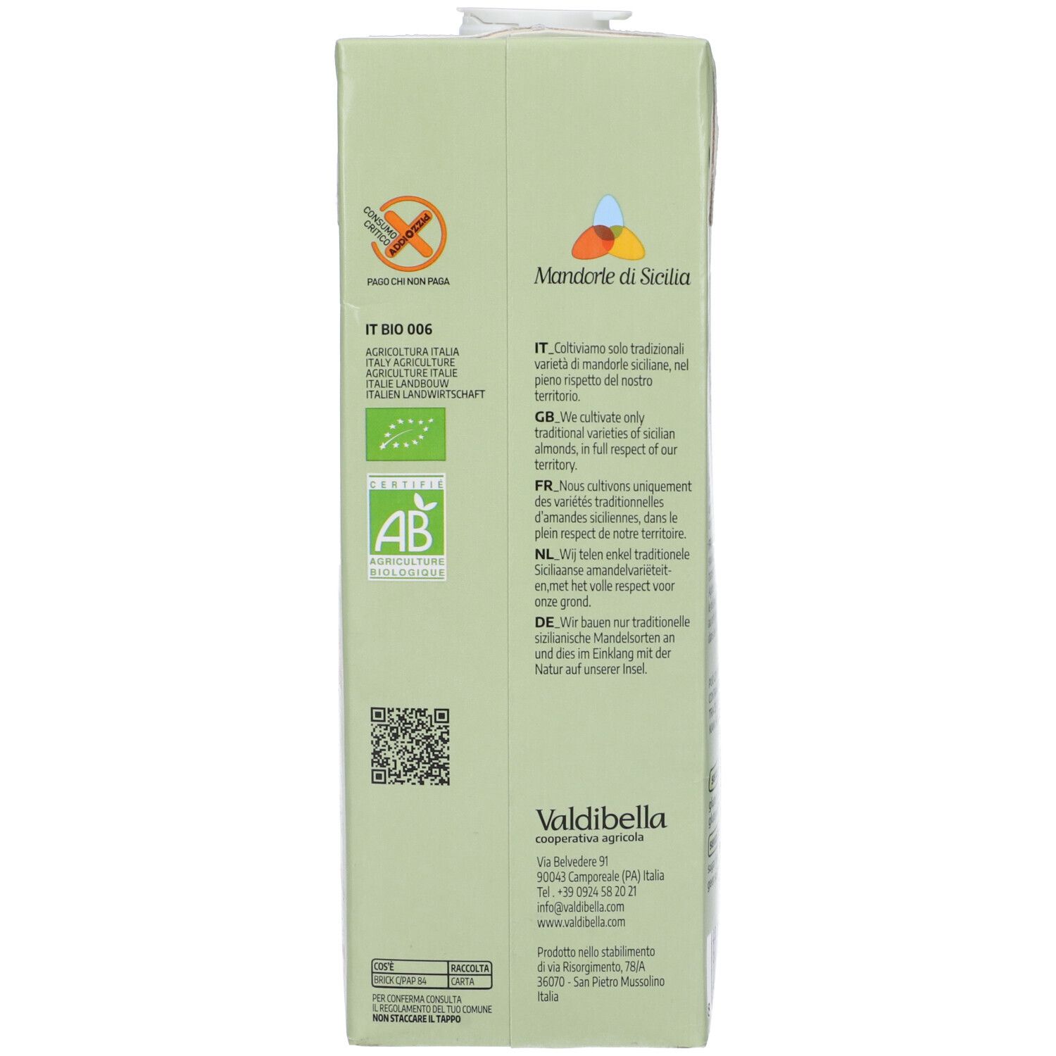 Retro della confezione Valdibella Latte di Mandorla. Testo multilingue. Logo bio e codice QR.