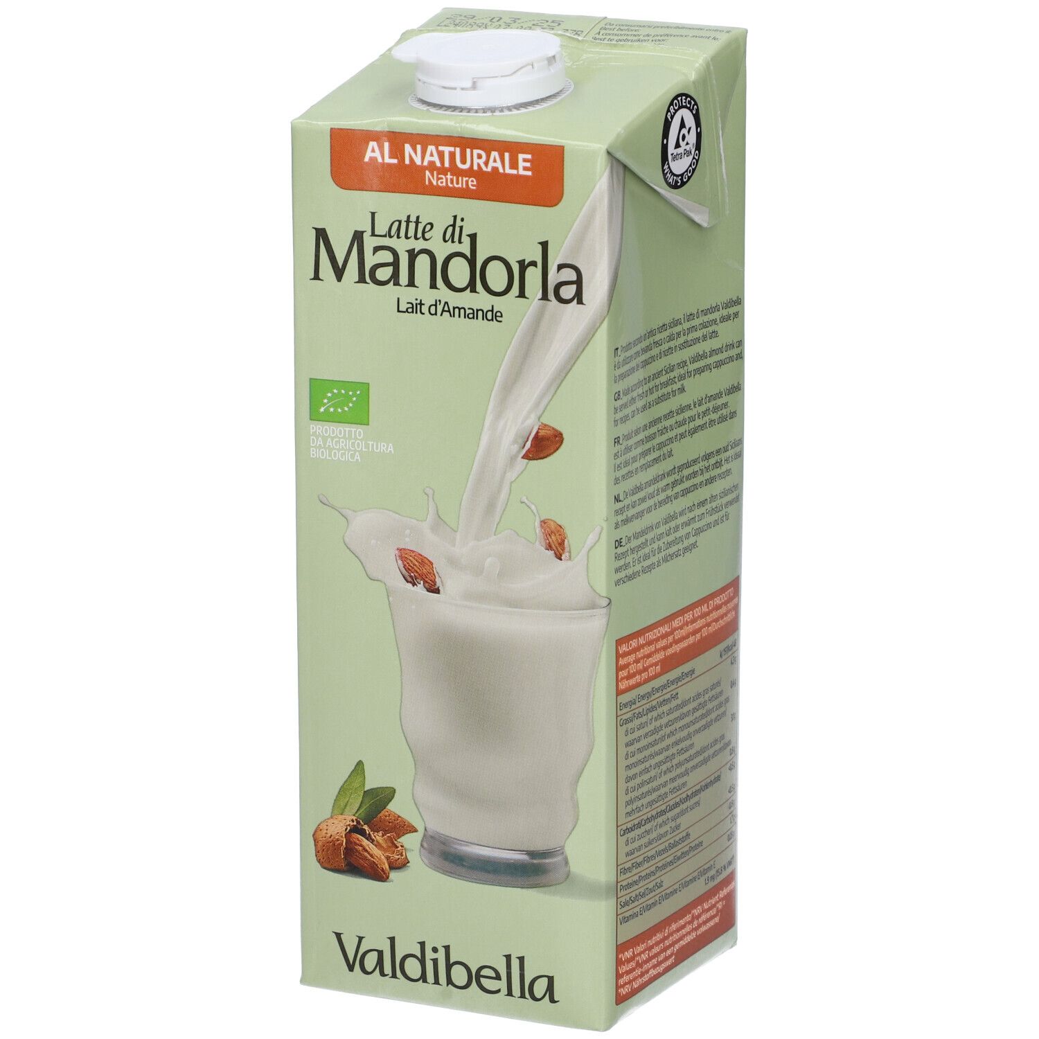 Confezione di Valdibella Latte di Mandorla. Latte di mandorla versato in un bicchiere. Mandorle e schizzi. Logo bio.
