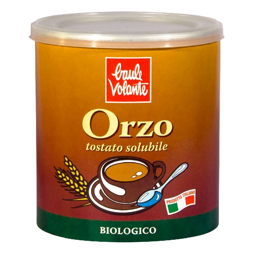 Barattolo di Orzo Solubile. Barattolo marrone con coperchio bianco. Logo Baulé Volante, illustrazione Orzo e bandiera italiana.