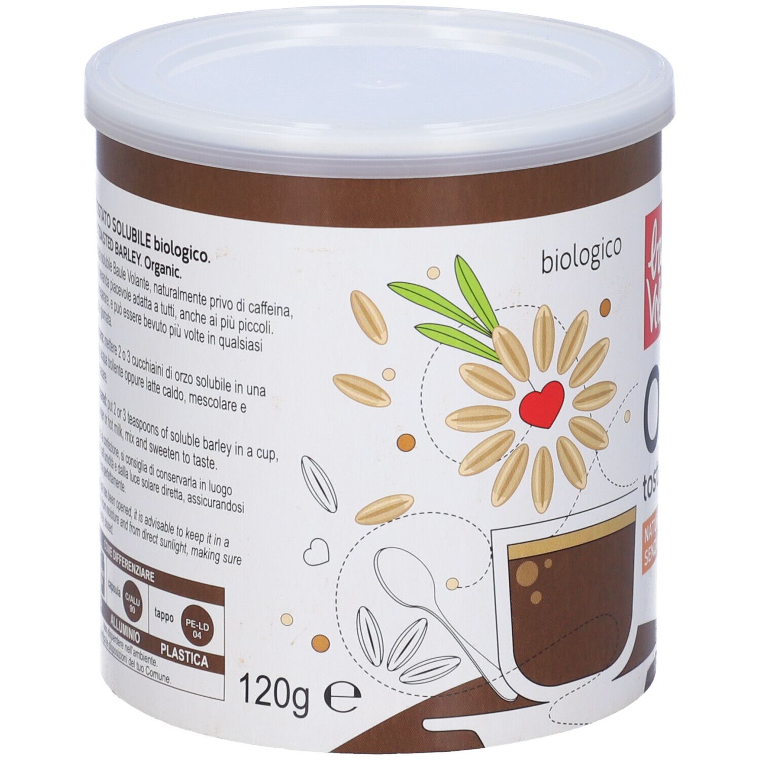 Barattolo Orzo Solubile. Barattolo marrone con coperchio bianco. Logo Baulé Volante, illustrazione Orzo, testo 'senza caffeina' e bandiera italiana.