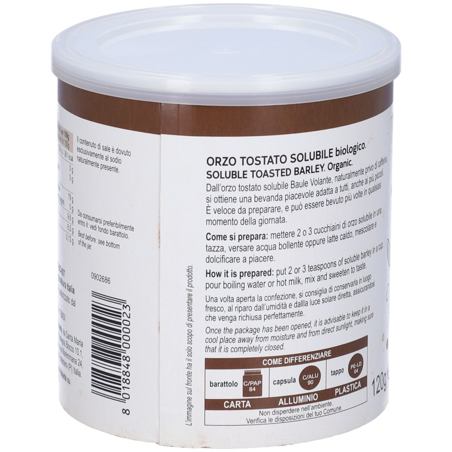Barattolo Orzo Solubile. Barattolo marrone con coperchio bianco. Retro con testo, ingredienti e istruzioni. 120g.