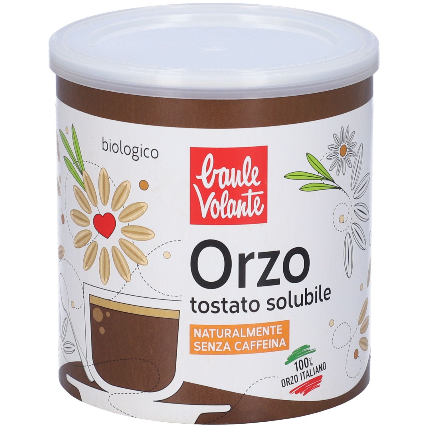 Barattolo Orzo Solubile. Barattolo marrone con coperchio bianco. Logo Baulé Volante, illustrazione Orzo, testo 'senza caffeina' e bandiera italiana.
