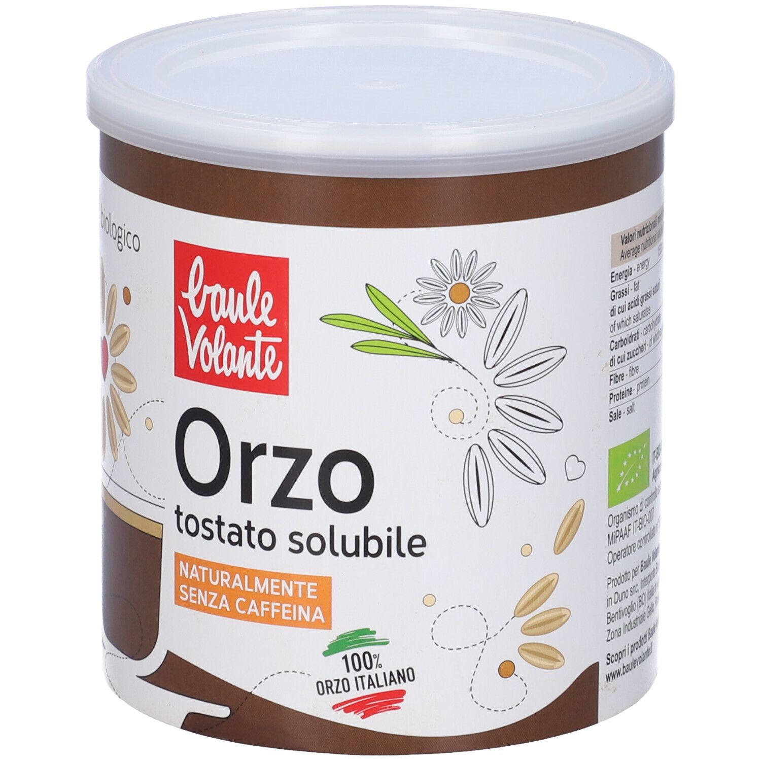 Barattolo Orzo Solubile. Barattolo marrone con coperchio bianco. Logo Baulé Volante, illustrazione Orzo, testo 'senza caffeina' e bandiera italiana.