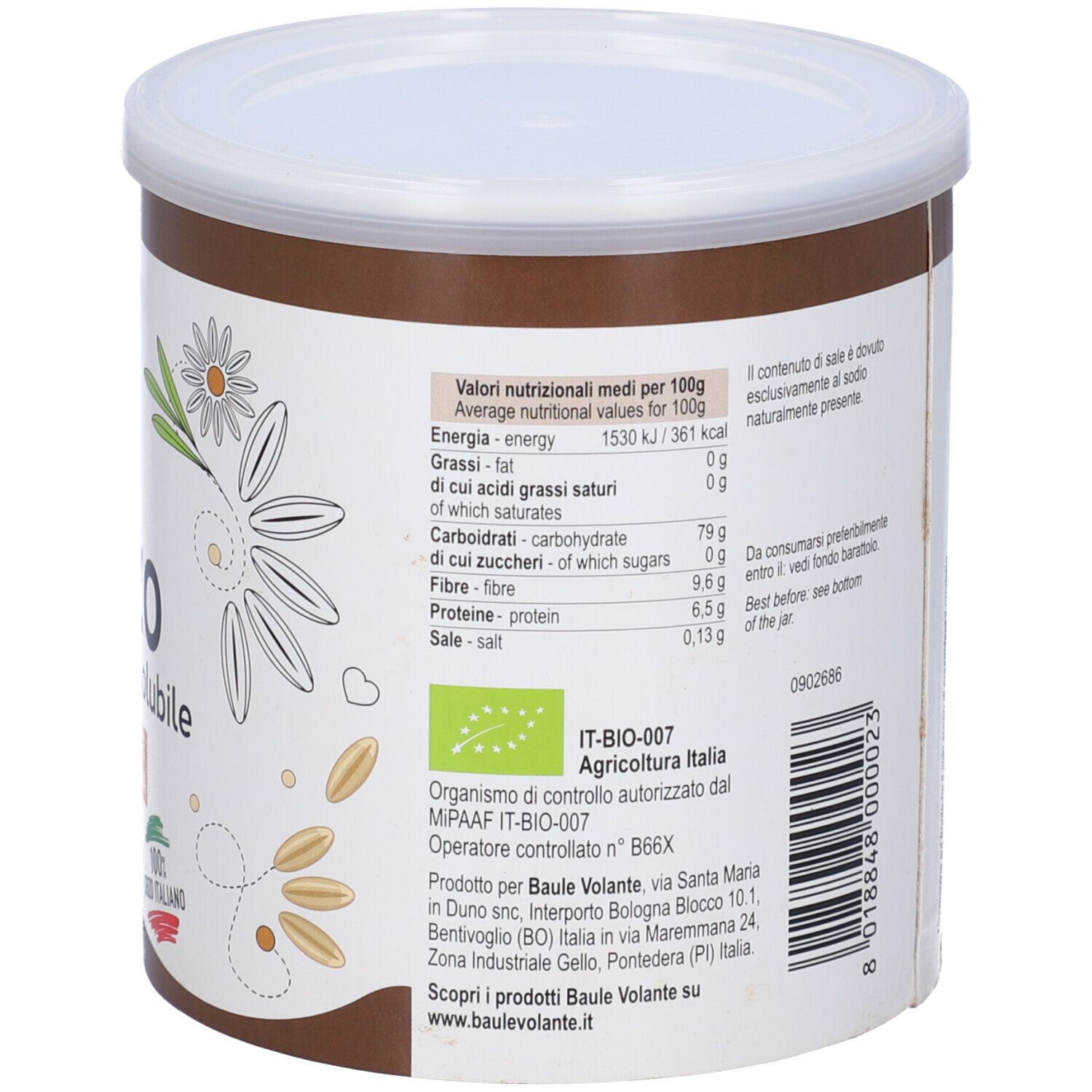 Barattolo Orzo Solubile. Barattolo marrone con coperchio bianco. Valori nutrizionali, marchio bio e origine italiana.